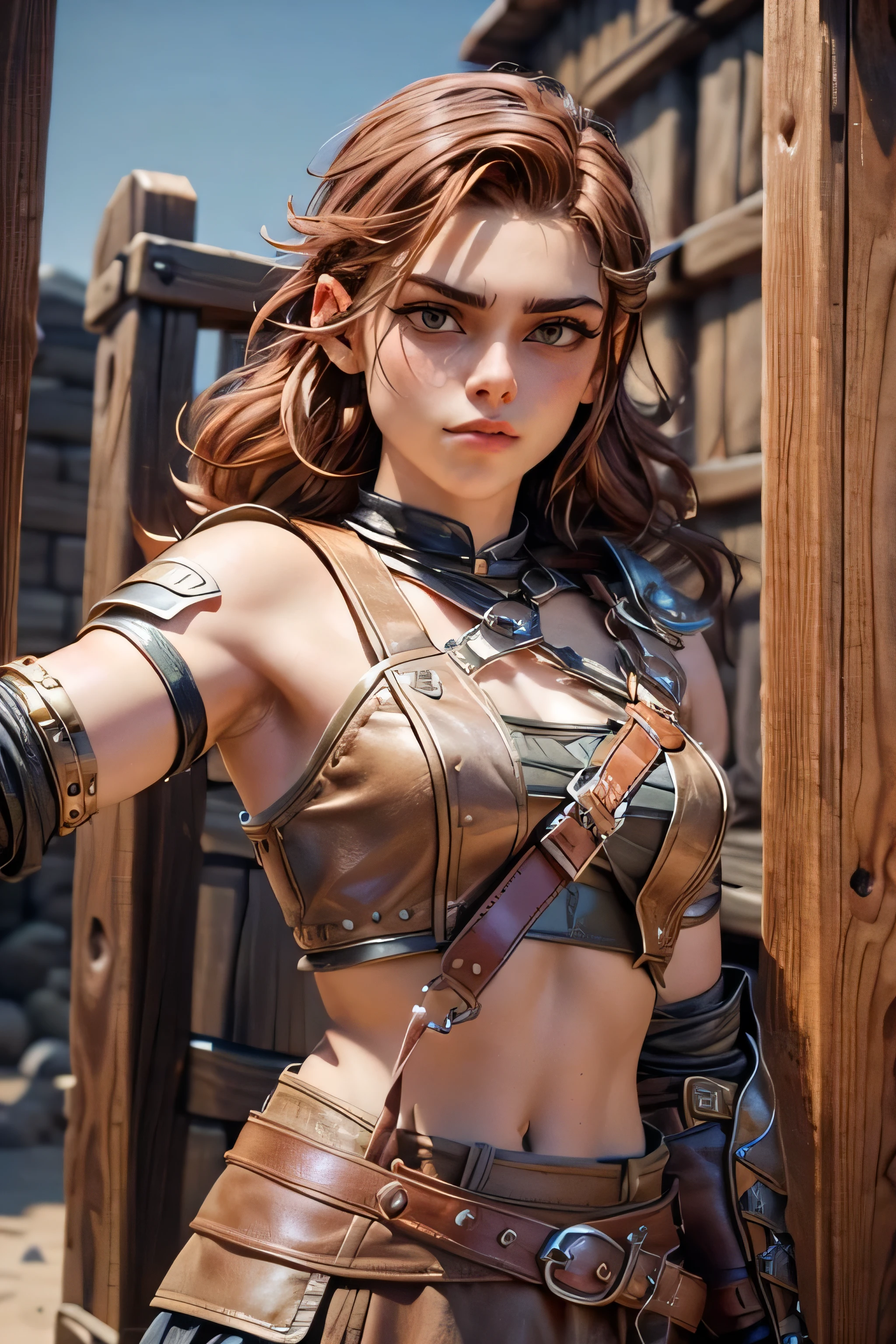  Young Viking woman , warrior, short brown hair, thick eyebrows, ojos marrones, leather armor,  strappy leather top , fur skirt, fierce expression, heroic stance,  looking at the camera ,  masterpiece , super detail,  lyrics,  Natural lighting,  sharp focus, Epic character composition.