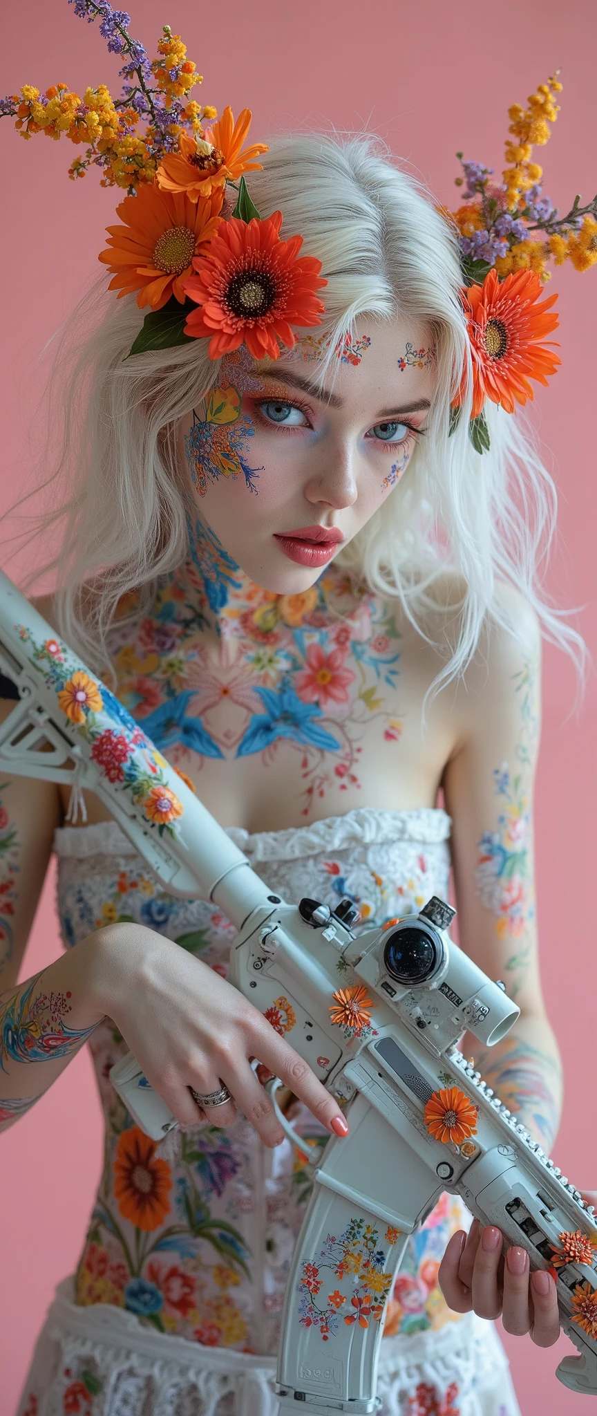 ((hyperrealistic full body)), a girl with colorful, detailed flowers painted or tattooed on her face and body, neck, shoulders, and waist. ((symmetrical waist)), a model's pose, her face is in focus, and is a white hue evoking fine porcelain. Her serene expression emphasizes her vivid blue-green eyes, enhanced with warm reddish eyeshadow, and her full, glossy red lips. Slavic woman with soft, flowing white hair with loose curls framing her face naturally. The flowers are highly detailed and vibrant, with bright red, blue, yellow, and green hues, ((she is holding an white H&K 416 AR15 assult rifle in here hands reddy to shoot)), (the rifle is colored with flowers), carefully arranged like an organic piece of art. The background is soft and pastel, with a smooth transition from pink to orange, complementing the colorful flowers and their natural beauty. The lighting is soft and diffused, highlighting the realistic texture of her skin and adding depth. The overall style blends photorealism and fantasy, with an artistic, dreamlike quality. High definition, ultra-detailed and smooth lines, perfect skin texture, award-winning artistry, fantasy realism style.