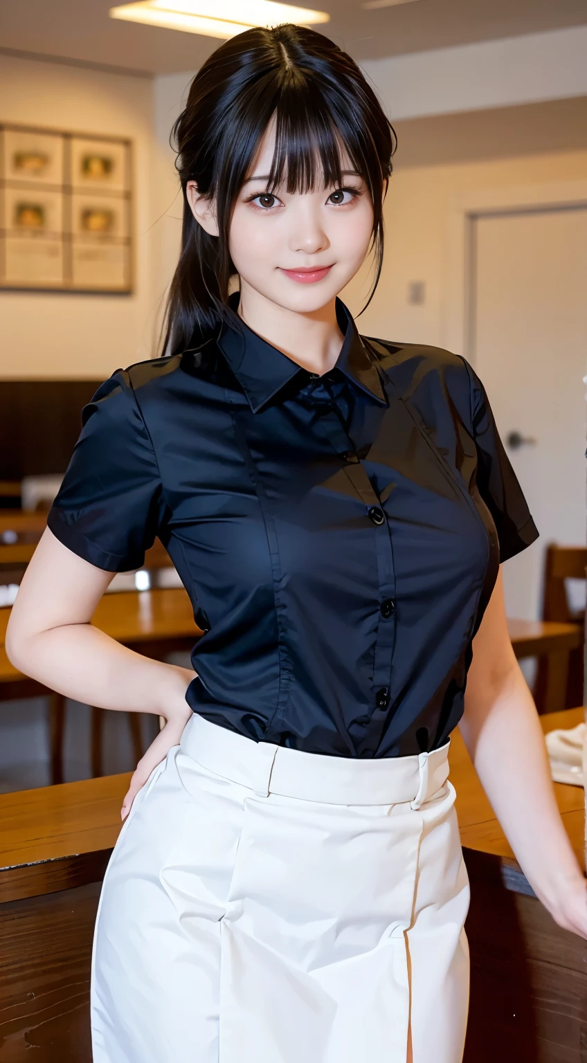 (Highest quality,masterpiece:1.3,Ultra-high resolution,),(Very detailed,Caustics),(Realistic:1.4,RAW shooting,)Ultra-Realistic Capture,Very detailed,High resolution 16k human skin closeup。 Natural skin texture、,pores、、、、It must be detailed enough to be easily identifiable。 Skin tone is even and healthy looking。 Use natural light and color,restaurant,Waitress Uniform,1 girl,Japanese,18-year-old,cute,Black-haired,ponytail,Big Breasts,smile,Turn your body forward,(Front view:1.1),Looking into the camera,Cowboy Shot,