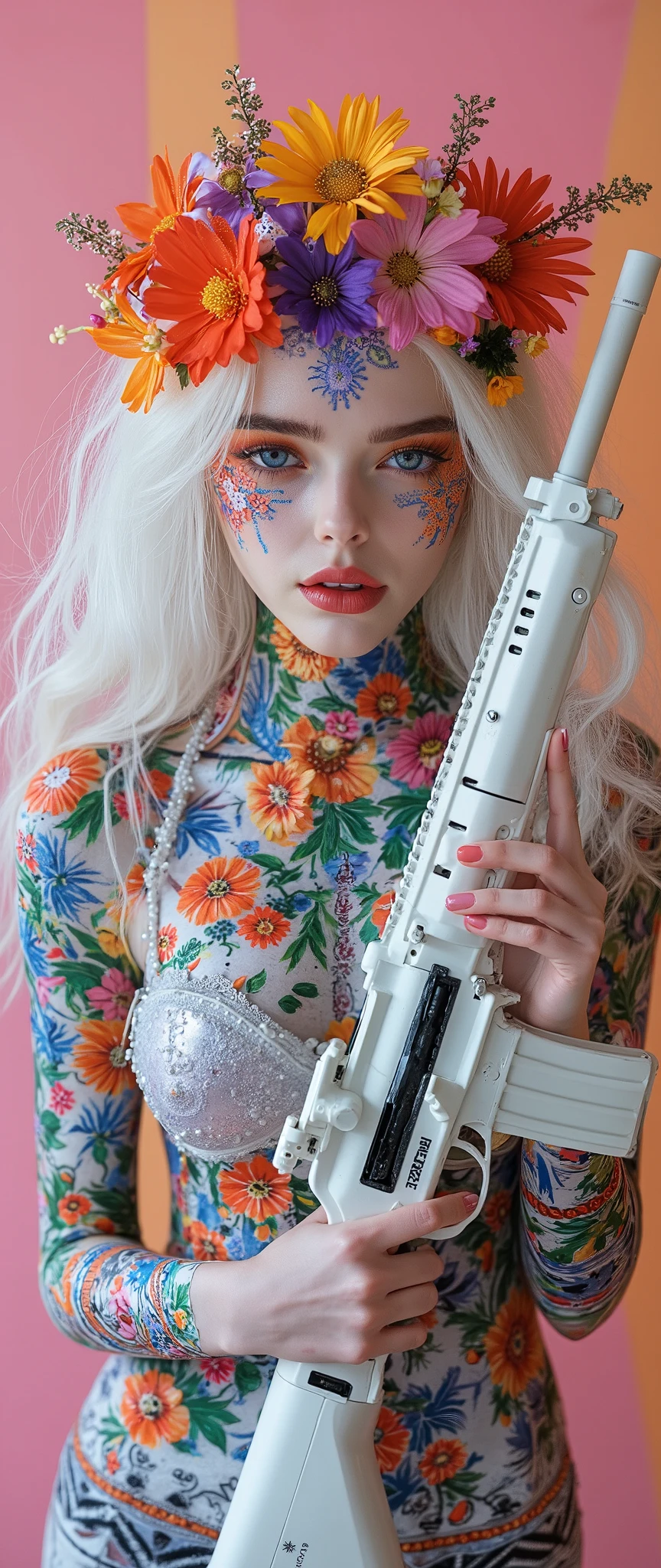 ((hyperrealistic full body)), a young girl with colorful, detailed flowers painted or tattooed on her face and body, neck, shoulders, and waist. ((symmetrical waist)), a model's pose, her face is in focus, and is a white hue evoking fine porcelain. Her serene expression emphasizes her vivid blue-green eyes, enhanced with warm reddish eyeshadow, and her full, glossy red lips. Slavic woman with soft, flowing white hair with loose curls framing her face naturally. The flowers are highly detailed and vibrant, with bright red, blue, yellow, and green hues, ((she is holding an white H&K 416 AR15 assult rifle in here hands reddy to shoot)), (the rifle is colored with flowers), carefully arranged like an organic piece of art. The background is soft and pastel, with a smooth transition from pink to orange, complementing the colorful flowers and their natural beauty. The lighting is soft and diffused, highlighting the realistic texture of her skin and adding depth. The overall style blends photorealism and fantasy, with an artistic, dreamlike quality. High definition, ultra-detailed and smooth lines, perfect skin texture, award-winning artistry, fantasy realism style.