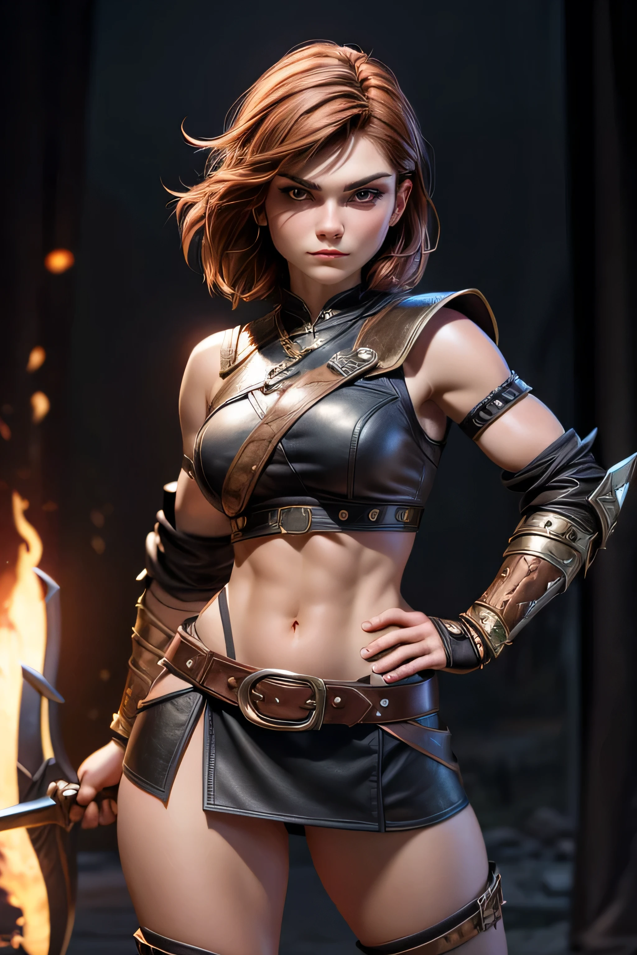 Young Viking woman , warrior, short brown hair, thick eyebrows, ojos marrones, leather armor, strappy leather top , fur skirt, fierce expression, heroic stance, looking at the camera , masterpiece , super detail, lyrics, Natural lighting, sharp focus, Epic character composition.