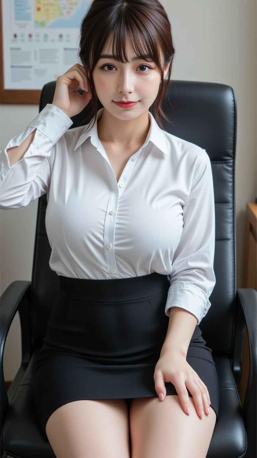 ((highest quality, 8k, masterpiece, Portraiture: 1.3)), (Watching the audience), (Full Shot:0.85), Attractive Mature Business Woman, 1 person, A little chubby:0.35,Brown medium hair、 White collared shirt, Grey Skirt,((big breasts 2.3)) (big pelvis:0.8), (sitting in an office chair)), smile:0.2, President&#39;office,Good posture、(((Mature Woman))), (((5)))

