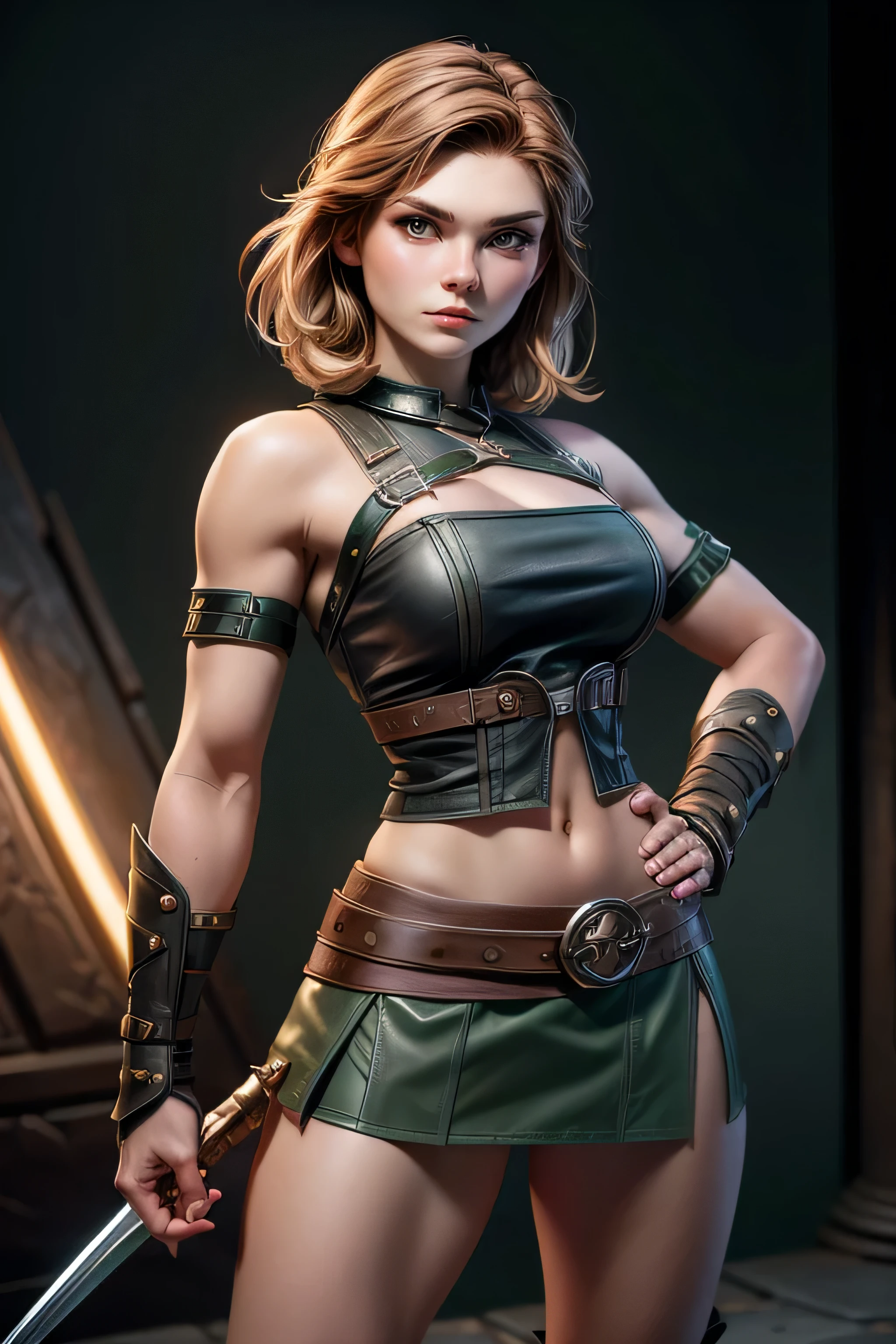 Young Viking woman of Norse descent, warrior, short brown hair, thick eyebrows, green eyes, leather armor, strappy leather top , fur skirt, fierce expression, heroic stance, looking at the camera , masterpiece , super detail, lyrics, Natural lighting, sharp focus, Epic character composition.