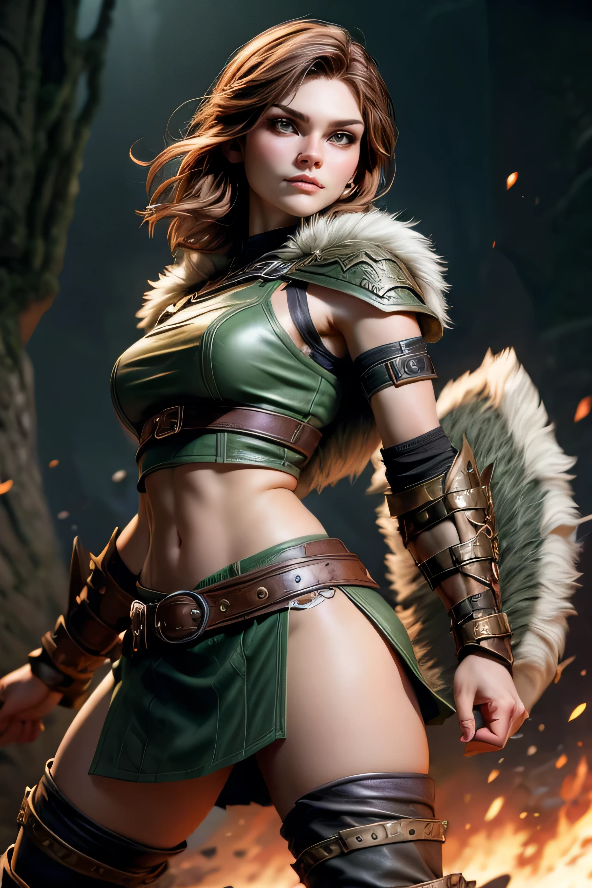 Young Viking woman of Druid descent, warrior, short brown hair, thick eyebrows,  green eyes, leather armor,  strappy leather top , fur skirt, fierce expression, heroic stance,  looking at the camera ,  masterpiece , super detail,  lyrics,  Natural lighting,  sharp focus, Epic character composition.
