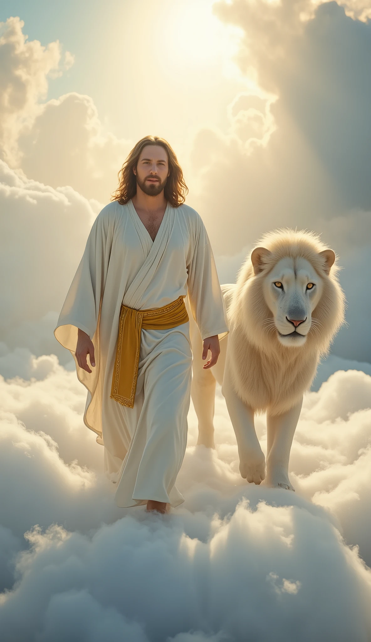 Highly detailed, ultra-realistic, 32k resolution, cinematic lighting, finely textured, intricate details, atmospheric depth, photo-realistic masterpiece, professional-grade composition.
A majestic and divine scene featuring Jesus Christ walking on ethereal clouds, bathed in heavenly light. He wears a flowing white robe with golden accents and a golden sash tied around His waist. His long, wavy brown hair moves gently in the celestial breeze, and His serene yet powerful expression radiates peace and wisdom.
Beside Him strides a magnificent white lion with a thick, regal mane, exuding strength and nobility. The lion's piercing eyes reflect divine wisdom as it walks gracefully, its fur glowing under the celestial light.
The sky is a vast expanse of soft blues and whites, with golden sunlight streaming through the clouds, casting a heavenly glow over the entire scene. The clouds beneath them are soft and voluminous, appearing almost tangible, as if forming a divine pathway.
The composition is cinematic, with a dramatic interplay of light and shadow, emphasizing the sacred and powerful nature of the moment. The atmosphere is deeply spiritual, evoking a sense of awe, divine presence, and protection.