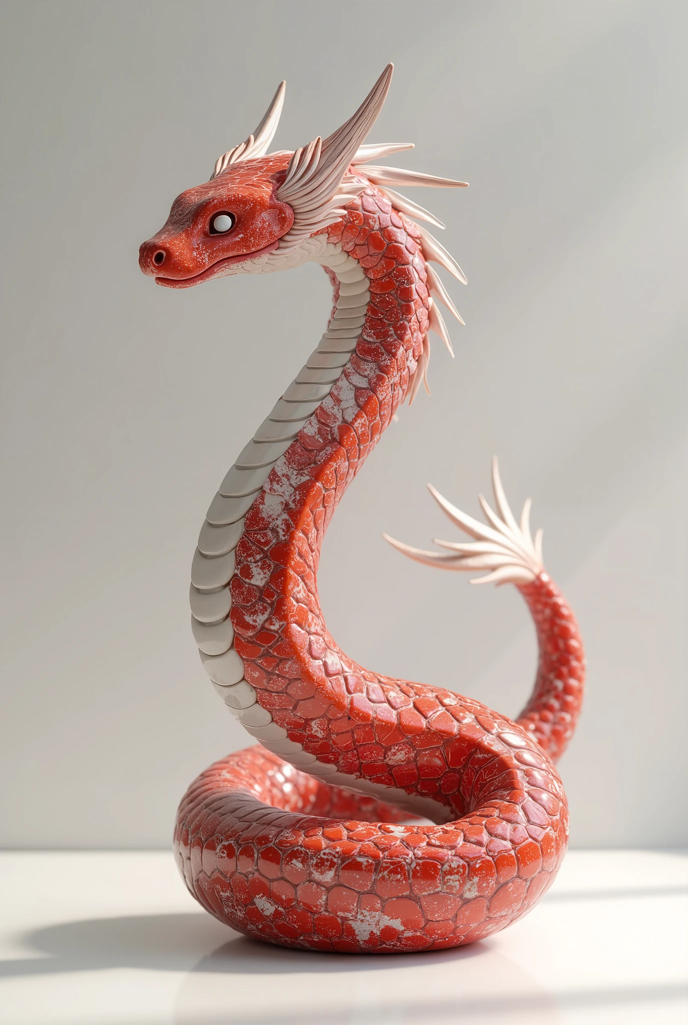A conceptual design of a sculpture themed around the Snake from the Chinese Zodiac, crafted from luxurious red and white marble. The sculpture features a graceful, sinuous form that captures the essence of the snake, with elegant curves and flowing lines that evoke a sense of movement and fluidity. The surface of the marble is polished to a high sheen, allowing the rich colors to contrast beautifully, enhancing the sculpture’s ethereal quality. Subtle patterns resembling scales can be seen etched into the marble, adding texture and depth to the design. The background is simple and minimalistic, emphasizing the striking beauty of the marble sculpture. Soft, diffused lighting highlights the intricate details of the piece, creating gentle shadows that enhance its form. This composition conveys a sense of harmony and tranquility, inviting viewers to reflect on the significance of the Snake in the Zodiac and its representation of wisdom and adaptability. The overall image presents a captivating blend of artistry and symbolism, celebrating the elegance of this iconic creature.
