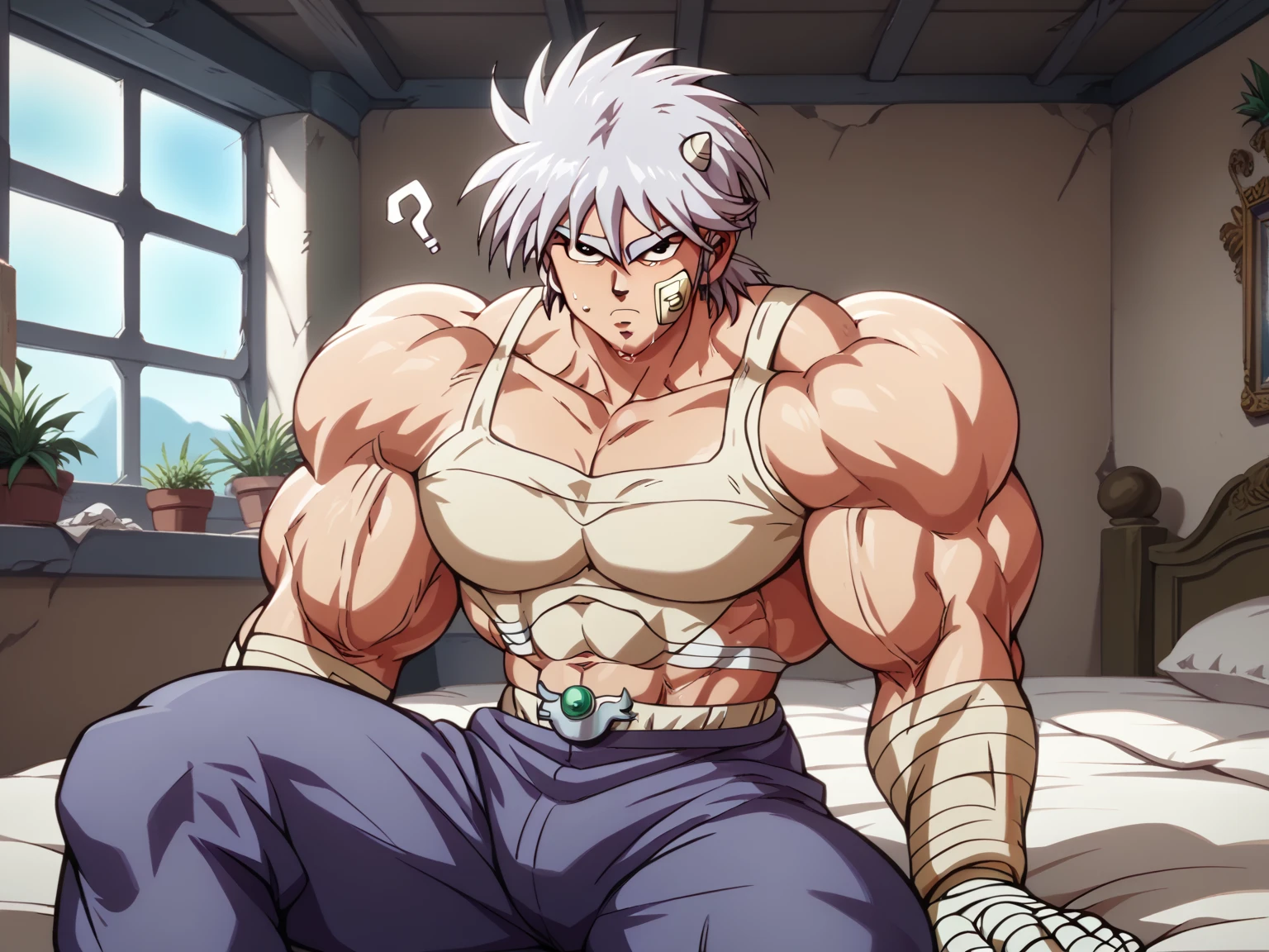 1man, muscular mature, jrpg pirate, green head scarf, gray hair, blue 1eye, black eyepatch, short hair, ordinary, tanned skin, asymmetrical bangs, solo, red waist cloth, purple arabian pants, white sleeveless shirt, loose fitting shirt, tented shirt, on mediaeval ship, softly smile, 1990s, VHS quality, masterpiece, best quality