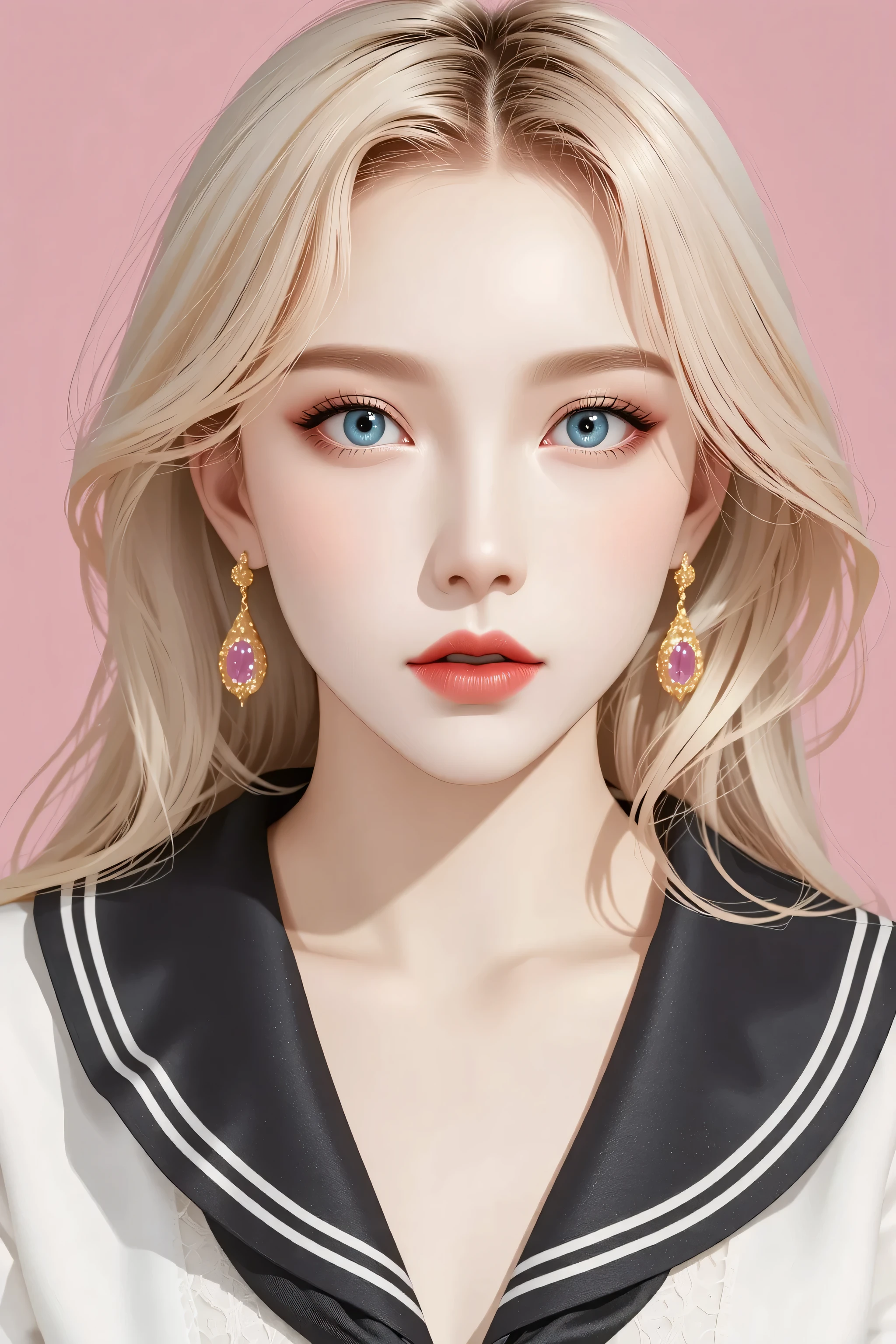 1 very young japanese girl, blonde hair, blushing, Shy, Red lips, mouth open, winking, cute overload, pale face, close up shot, Sweet, small breasts, ((best quality)), ((masterpiece)), (detailed), big expressive blue eyes, Slender、solid pink background, cute pose, sailor suit, cleavage, slender legs, thigh highs, skinny, tight round butt,
