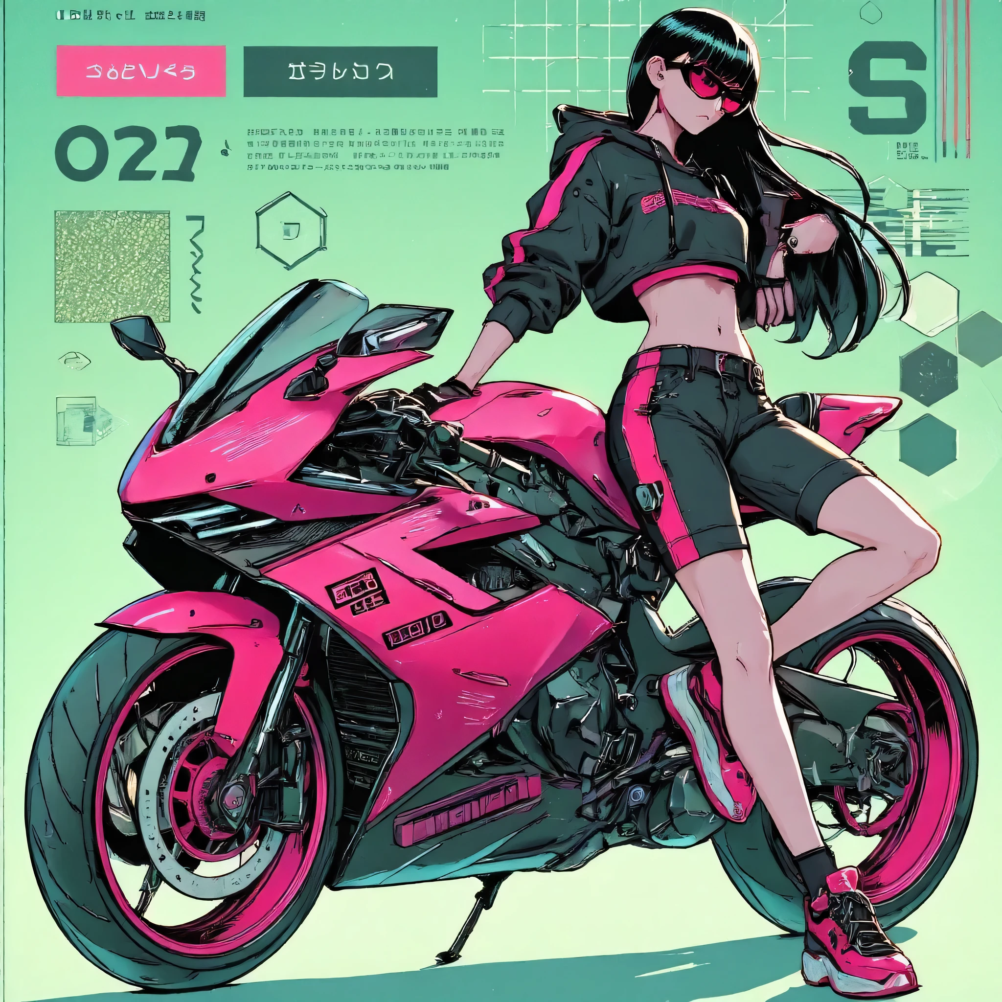Skilled pop sketchism retro sci-fi Artwork masterpiece. Ultrafine hyper detailed meticulously crafted illustration of something about “ Celty Sturluson” the women superhero of “Durarara”,with cutie female cheetah And a gorgeous cyberpunk futuristic motorcycle, in a soft cyberpunk, lounge city background. Celty has dynamic cyberpunk character design. symbolizing world fashion . She wearing a tight black outfit and yellow stylized “cat head”helmet with cat ears.She has thigh-