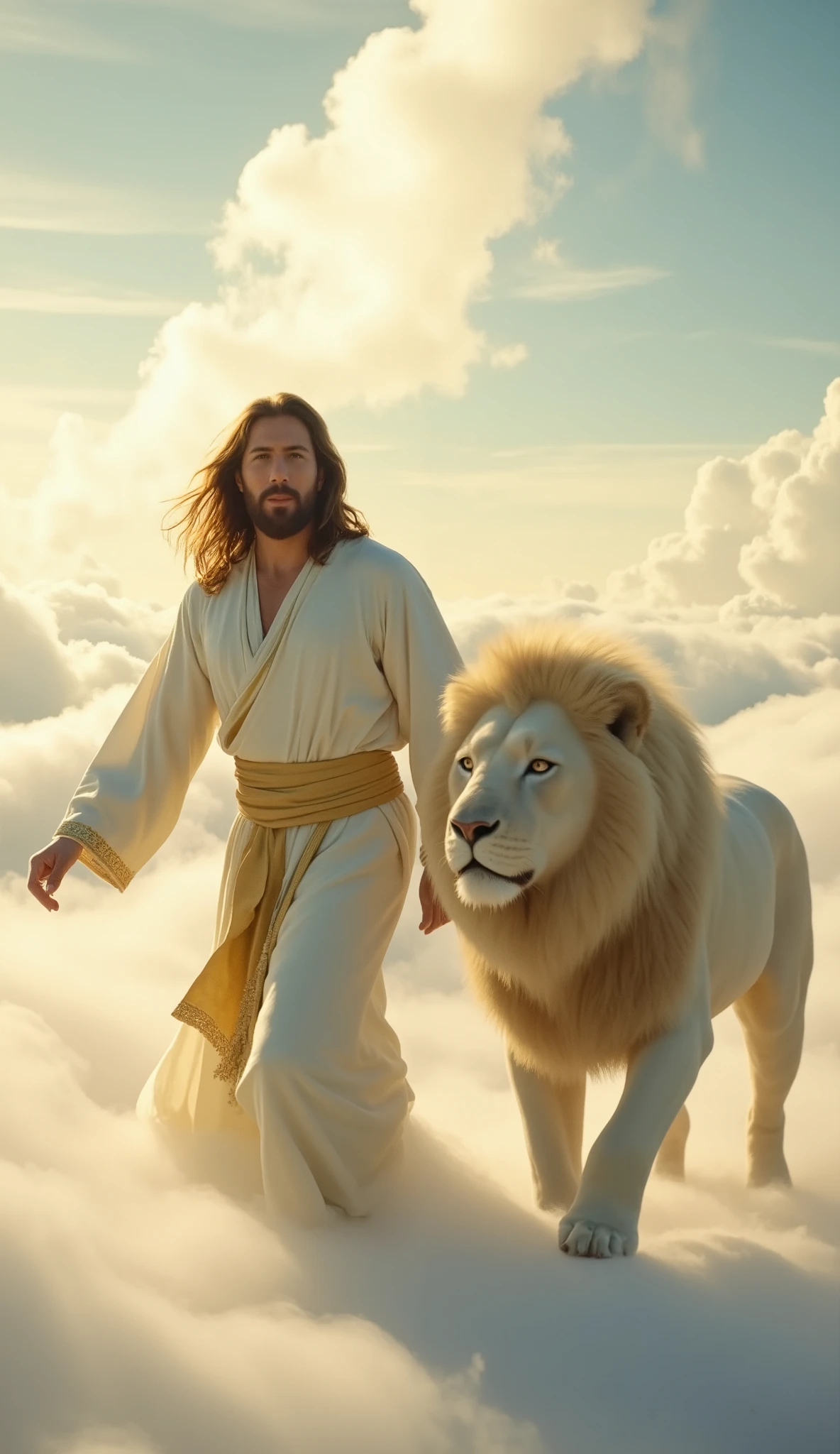 Highly detailed, ultra-realistic, 32k resolution, cinematic lighting, finely textured, intricate details, atmospheric depth, photo-realistic masterpiece, professional-grade composition.
A majestic and divine scene featuring Jesus Christ walking on ethereal clouds, bathed in heavenly light. He wears a flowing white robe with golden accents and a golden sash tied around His waist. His long, wavy brown hair moves gently in the celestial breeze, and His serene yet powerful expression radiates peace and wisdom.
Beside Him strides a magnificent white lion with a thick, regal mane, exuding strength and nobility. The lion's piercing eyes reflect divine wisdom as it walks gracefully, its fur glowing under the celestial light.
The sky is a vast expanse of soft blues and whites, with golden sunlight streaming through the clouds, casting a heavenly glow over the entire scene. The clouds beneath them are soft and voluminous, appearing almost tangible, as if forming a divine pathway.
The composition is cinematic, with a dramatic interplay of light and shadow, emphasizing the sacred and powerful nature of the moment. The atmosphere is deeply spiritual, evoking a sense of awe, divine presence, and protection.