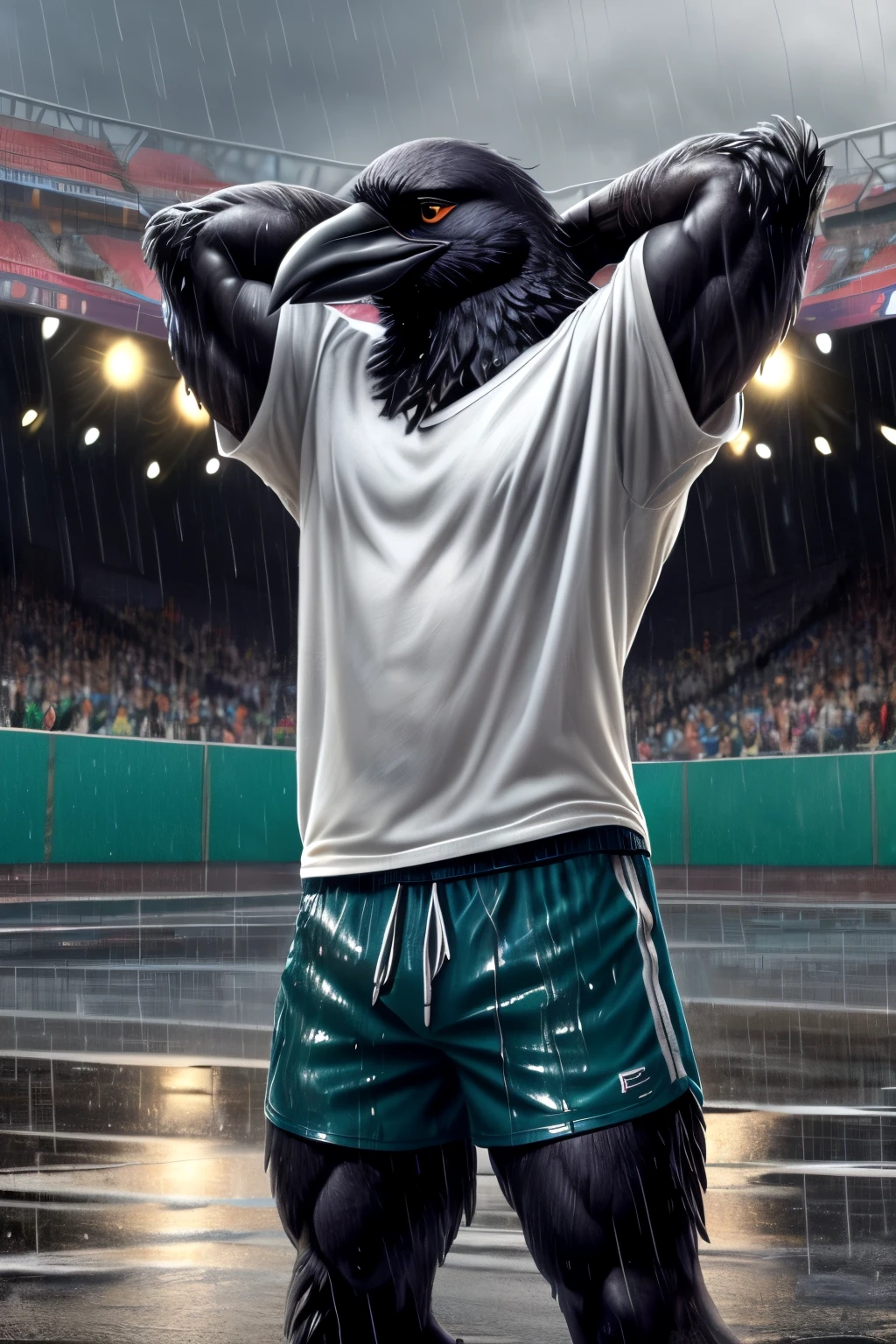 a male furry sea lion who is only wearing short shorts, has his body uncovered and is in a volleyball stadium as he is playing.  He wears a necklace with a K pendant