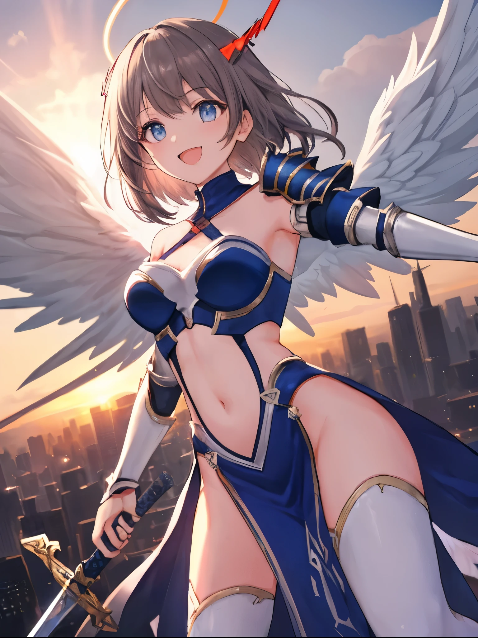 fantasy, 1angel_girl,child, loli,dark_color_hair, medium_bob_hair, long_bangs, halo,bare_shoulder,thighhighs,silver_armor, waist_armor, large_breasts,angry,smile,open_mouth1pair_wings, dynamic_ pose_fighting,floating, bare_crotch, covered_nipples, covered_pussy,headgear,gauntlet, greaves, pelvic_curtain, city_sky_background,slightly_spread_legs, solo, groin_naked,(masterpiece, best quality, best quality, official art, beautiful and aesthetic:1.2), (1 girl), very detailed,