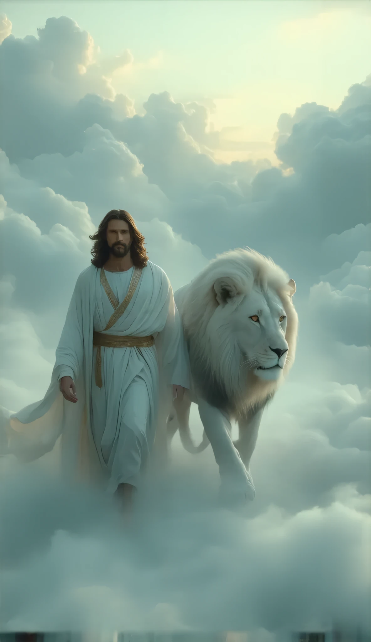 Highly detailed, ultra-realistic, 32k resolution, cinematic lighting, finely textured, intricate details, atmospheric depth, photo-realistic masterpiece, professional-grade composition.
A majestic and divine scene featuring Jesus Christ walking on ethereal clouds, bathed in heavenly light. He wears a flowing white robe with golden accents and a golden sash tied around His waist. His long, wavy brown hair moves gently in the celestial breeze, and His serene yet powerful expression radiates peace and wisdom.
Beside Him strides a magnificent white lion with a thick, regal mane, exuding strength and nobility. The lion's piercing eyes reflect divine wisdom as it walks gracefully, its fur glowing under the celestial light.
The sky is a vast expanse of soft blues and whites, with golden sunlight streaming through the clouds, casting a heavenly glow over the entire scene. The clouds beneath them are soft and voluminous, appearing almost tangible, as if forming a divine pathway.
The composition is cinematic, with a dramatic interplay of light and shadow, emphasizing the sacred and powerful nature of the moment. The atmosphere is deeply spiritual, evoking a sense of awe, divine presence, and protection.
