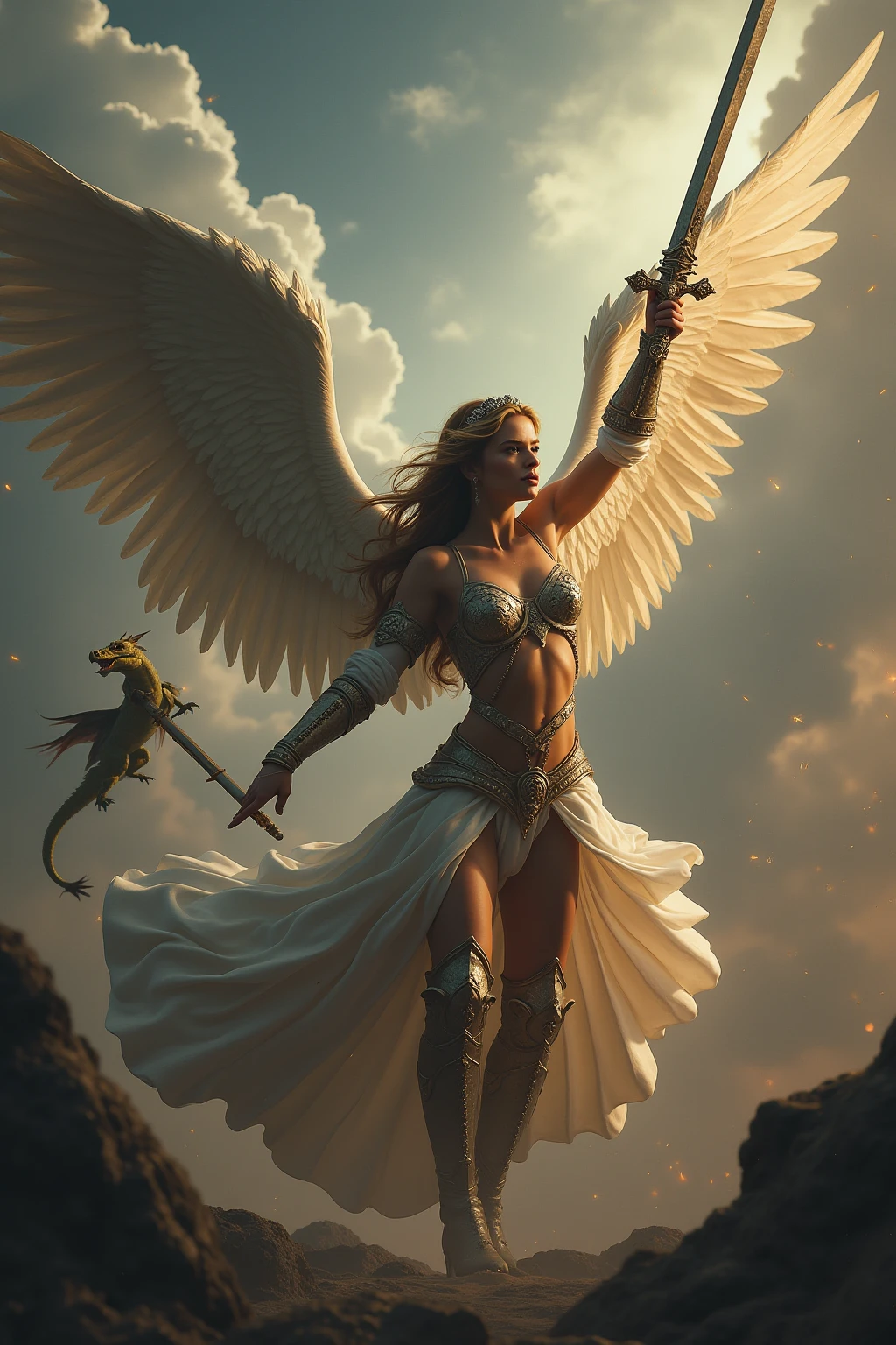 Angel with big wings in front of a fantasy landscape. Hiperdetallado, alta calidad, fotorrealista, 8k, pintura digital