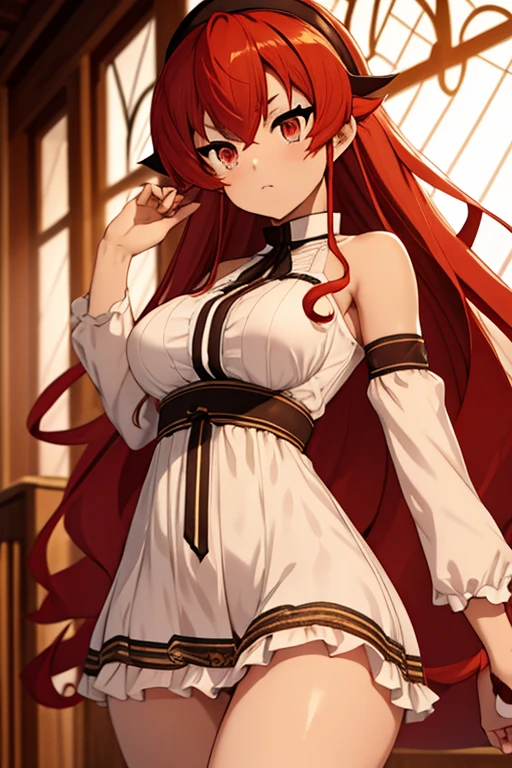 Nude, naked, 1girl, aaichika, tiara, bridal veil, necklace, cleavage, wedding dress, strapless dress, white dress, white gloves, elbow gloves, from below, show breasts, show nipples, skirt lift, white panties and sexy stockings, bare legs,, masterpiece, best quality, highly detailed, Long straight red hair, beautiful red eyes, no underwear, smiling