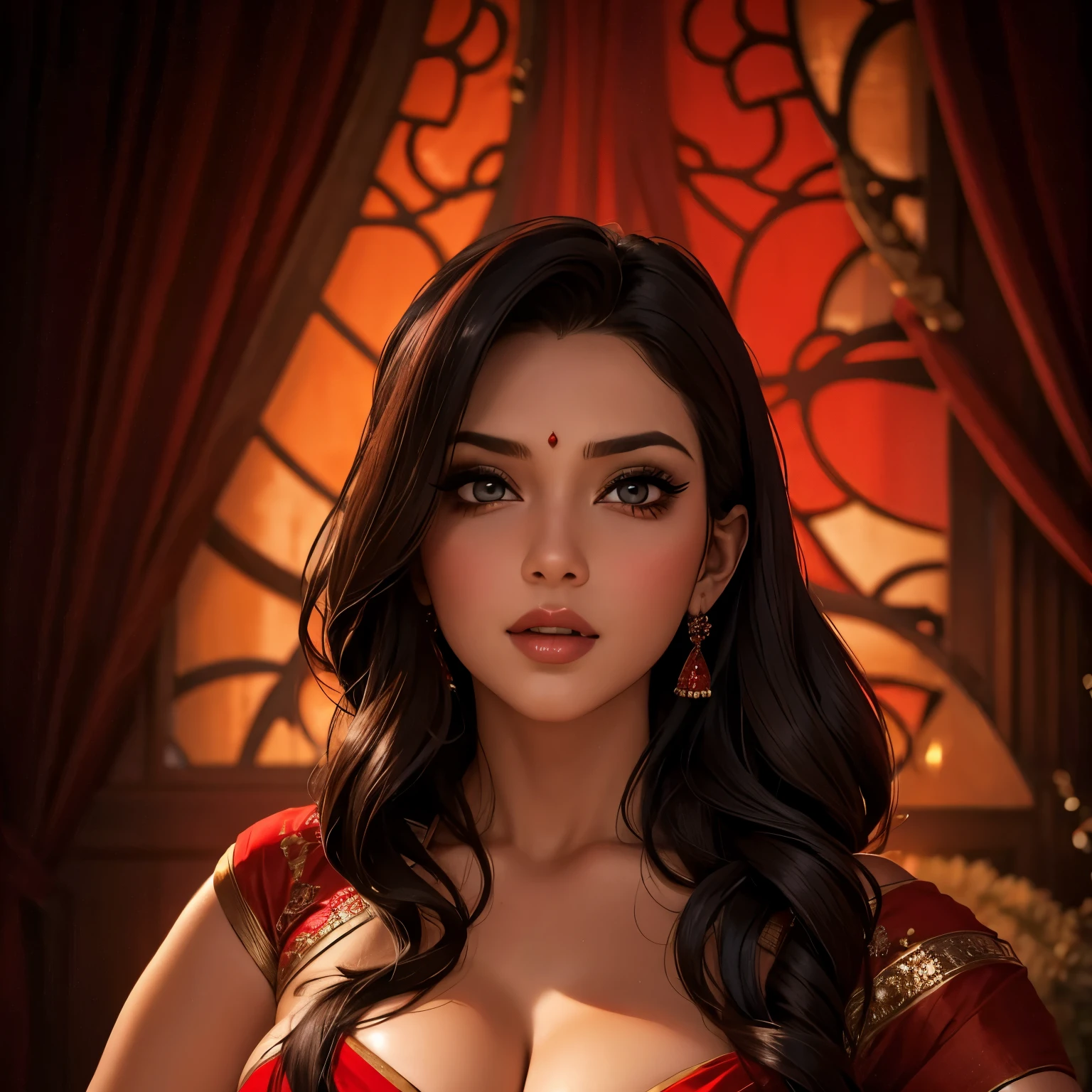 Sexy and cute woman, black hair, single braid over her shoulder, accentuated eyes, winged eyeliner, smokey eyes, perfect red lips, perfect body, revealing pink blouse, neon green saree, hourglass body