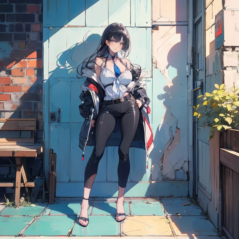 Highest quality, wonderful_delicate, beautiful, 8k, Jacket, Earrings, choker, concept,whole body,Leaning against a wall,Watch the viewer with a sideways glance,Low-rise mini hot pants,Black Pantyhose,Groin