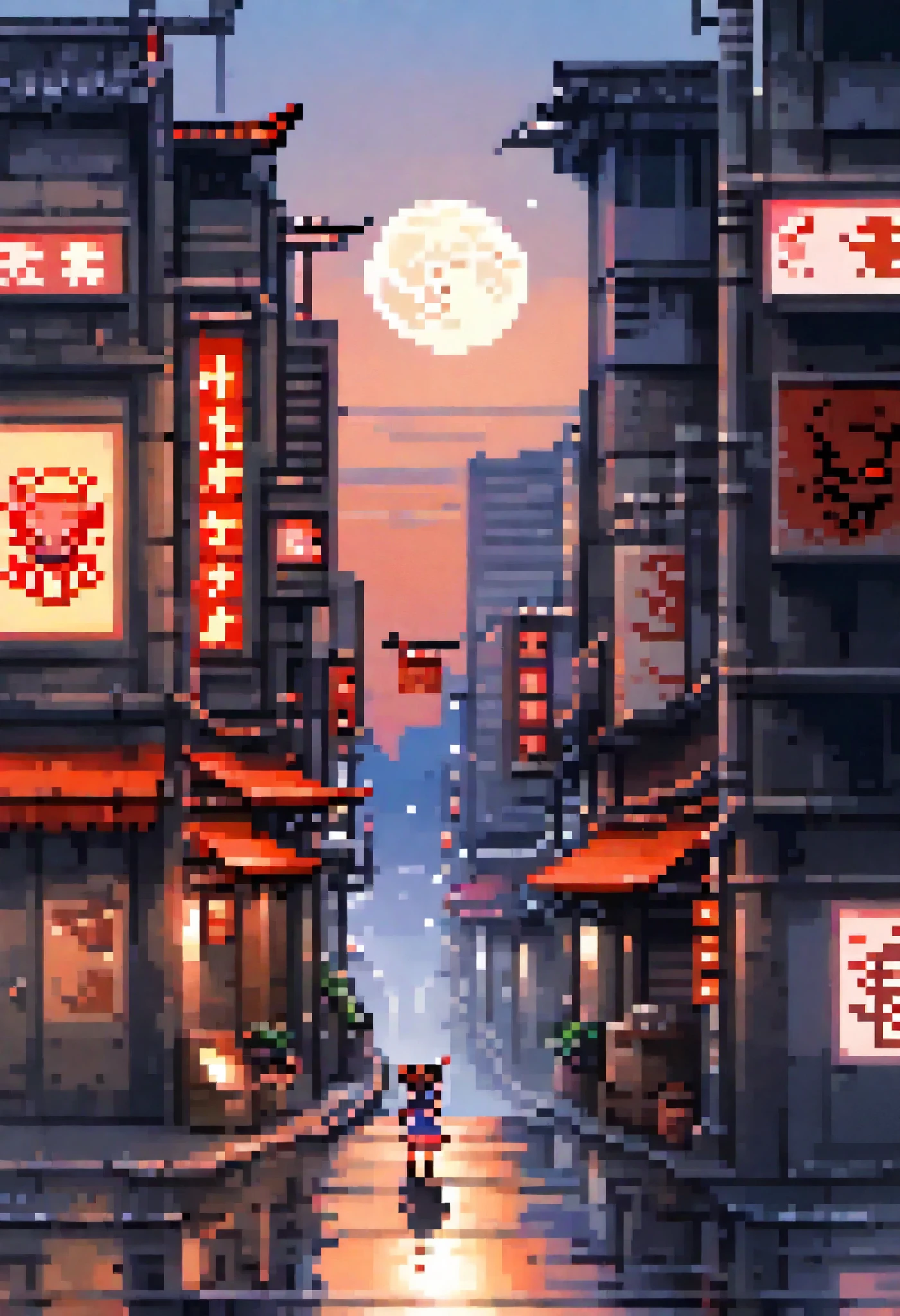 Pixel art anime girl sitting on the edge of a building, close nela, clear sky, red moon, Demons Flying Through the Sky .