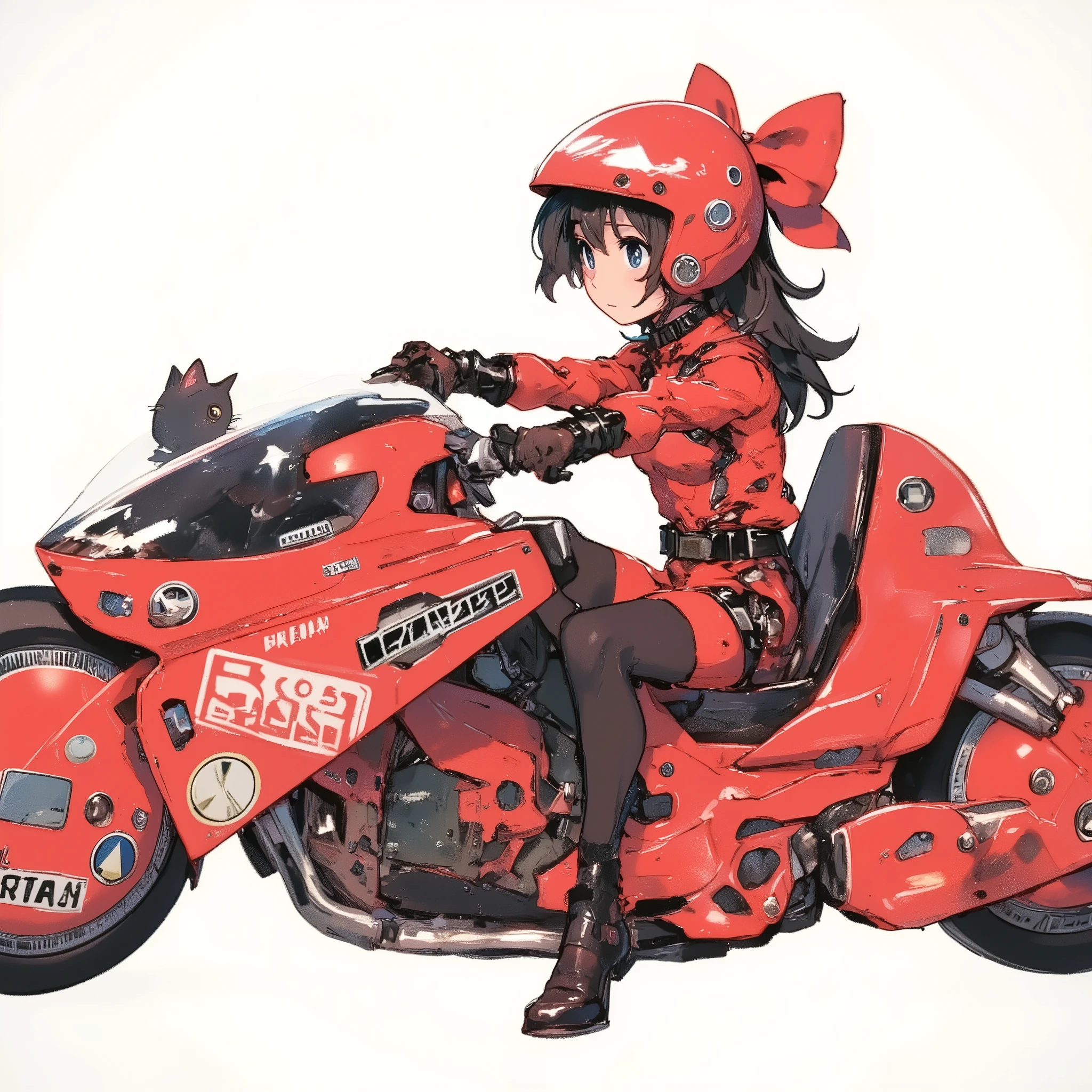 he image depicts a young woman, dressed in a motorcycle suit and helmet, sitting on a futuristic motorcycle. She is wearing a large red bow on her helmet, giving her a determined yet cute look. A small black cat is sitting on the back seat of the motorcycle, looking in the same direction as the woman. The background is white, which highlights the bright colors of the motorcycle and the woman's clothing. The overall image evokes a sense of speed, freedom, and adventure." comic