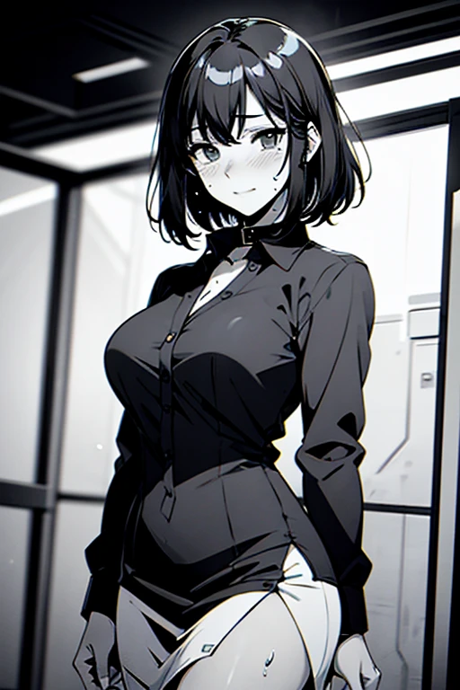 juri han, work of art, tight white secretary shirt with black tie, black high waist skirt, short skirt, short hair, black hair, black tights evil smile,oculos