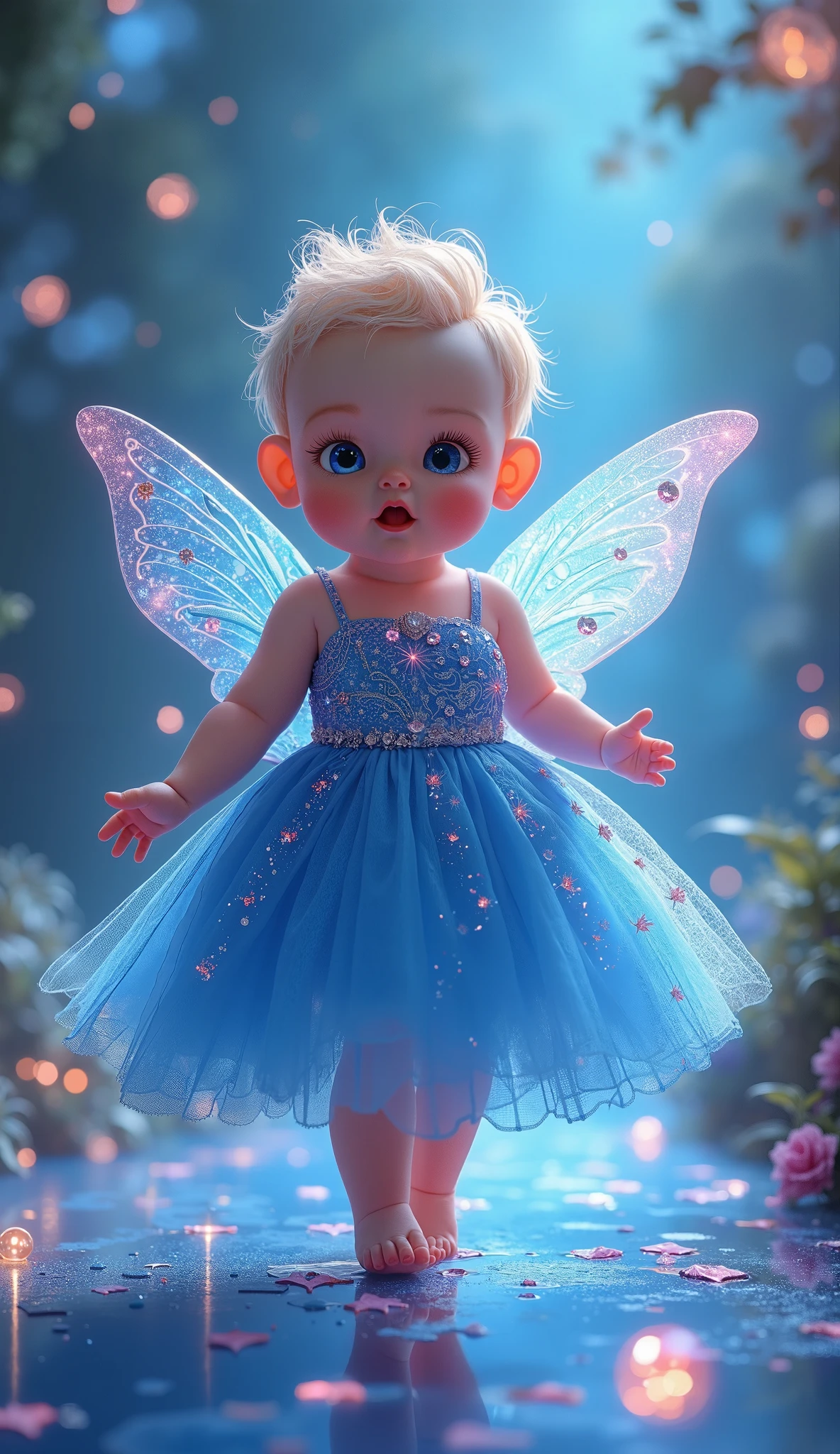 Hyper realistic 4D photorealistic a one years old girl with short hair at her side elsa with theme frozen background