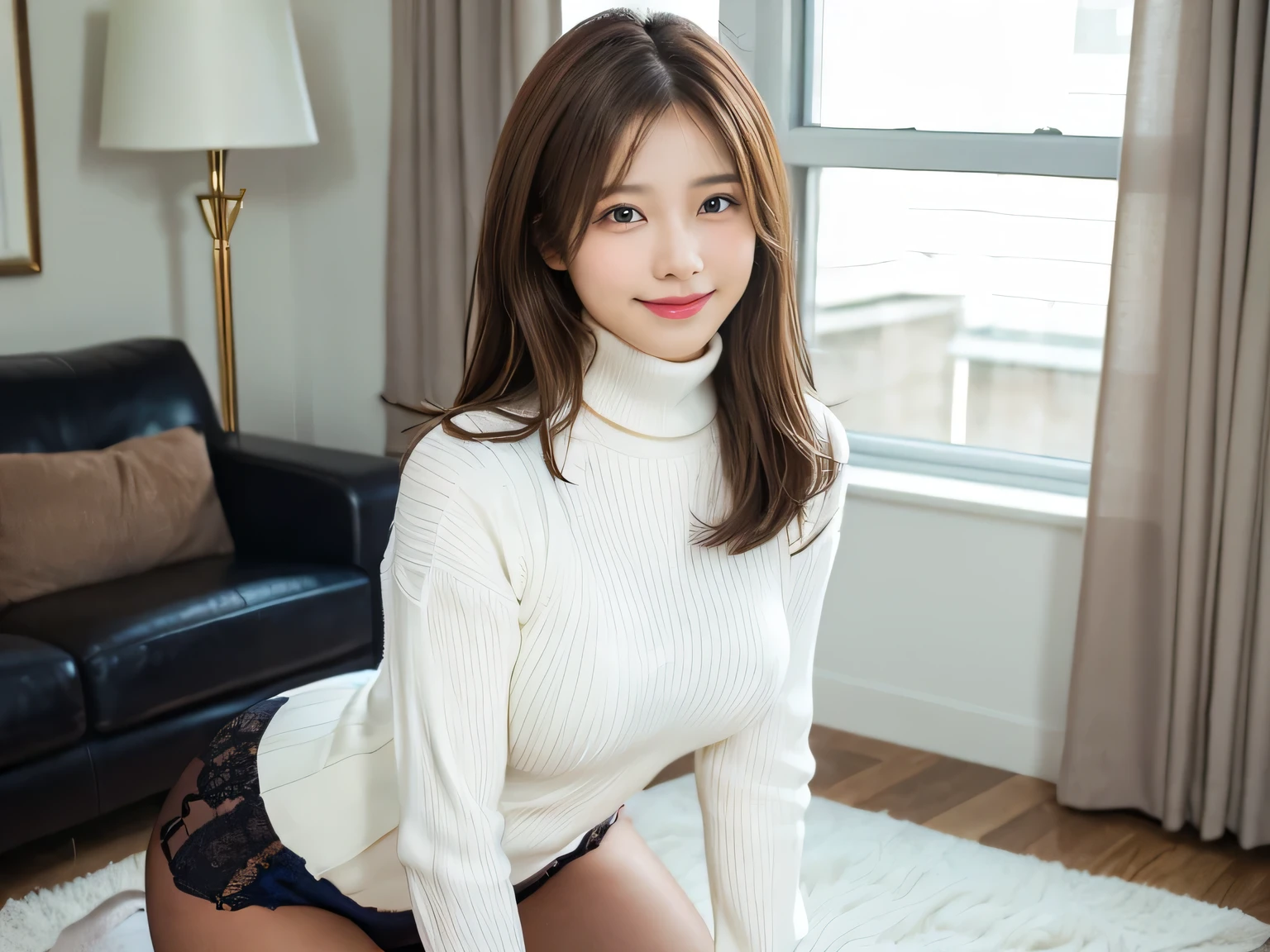 (master piece:1.5),(8K high image quality), (top-quality), (RAW image quality), (ultra-detailliert, Extremely detailed),(超A high resolution),(Photographed by a professional photographer)),largeeyes,long eyelasher,(Beautiful Face 1.4)),Photorealistic light and shadow,Clear facial features, (amazingly realistic skin,Highly detailed and realistic skin texture,Fair skin),((Shooting from very long distancesした全身画像),((Shooting from very long distances)),(Only one girl),beatiful detailed eyes,(double eyelids beautiful face),(30-year-old K-pop idol),A slender,(Lightweight turtleneck rib knit fabric:1.2),( in a office),Straight long hair,(Lame around the eyes,lipsticks,耳环),Very beautiful legs,(((Smile without opening your mouth))),((Shooting angle from the front)),make eye contact with the audience)),(3/4 Length),(No bra、Prominent nipples),Standing Pose