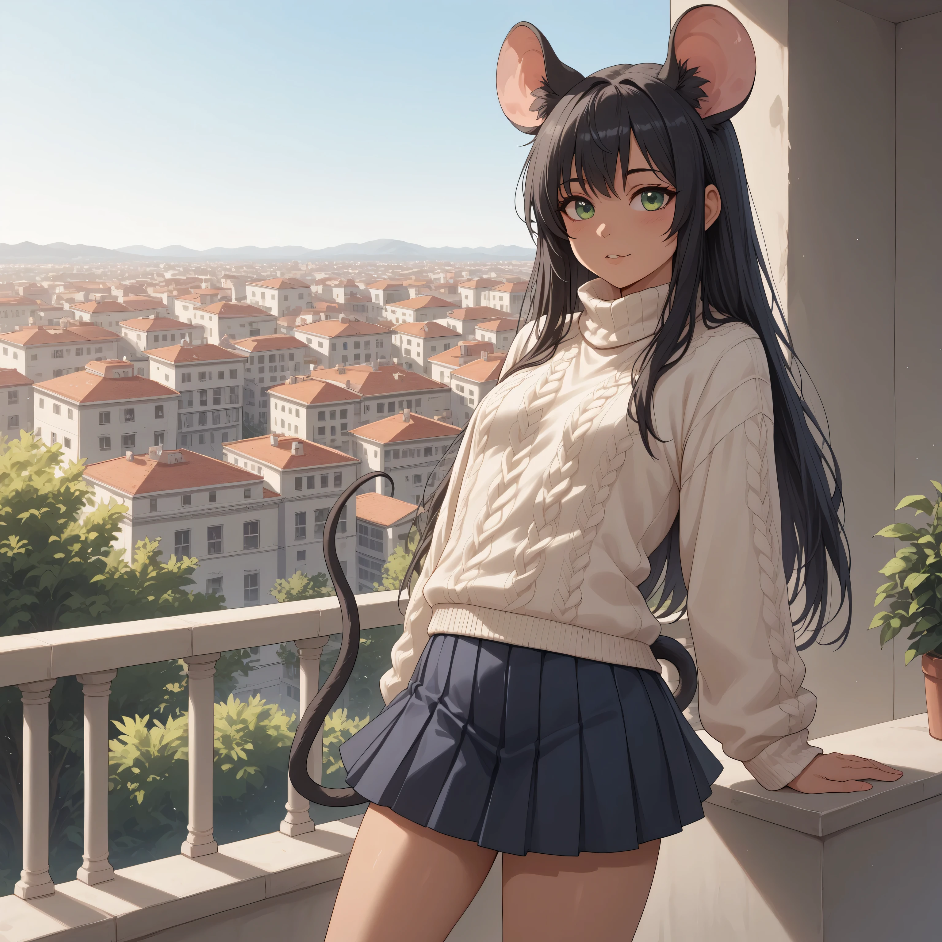 (Masterpiece) (High Detail) (High Res) A tiny short small Humanoid Mouse Female with tanned skin and bright green eyes and long black hair and fluffy black mouse ears and a mouse tail and small breasts. She is stood on a balcony of a modern apartment. She is wearing a pleated skirt and baggy sweater. Long Hair. Tanned skin. Black mouse tail.