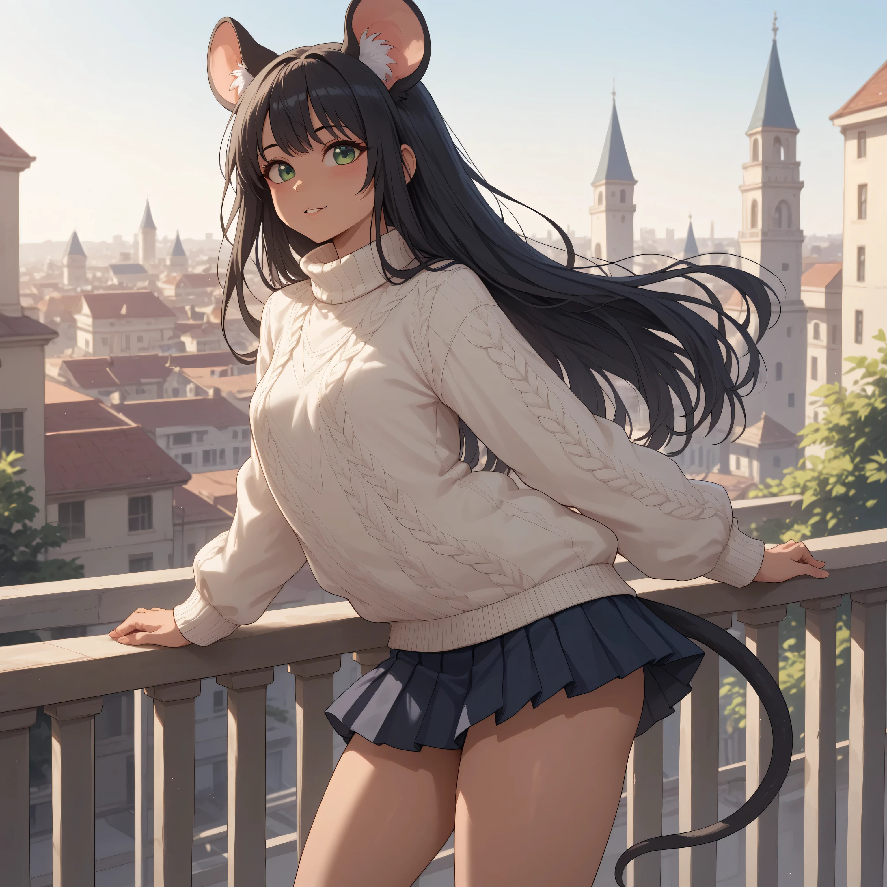 (Masterpiece) (High Detail) (High Res) A tiny short small Humanoid Mouse Female with tanned skin and bright green eyes and long black hair and fluffy black mouse ears and a mouse tail and small breasts. She is stood on a balcony of a modern apartment. She is wearing a pleated skirt and baggy sweater. Long Hair. Tanned skin. Black mouse tail.