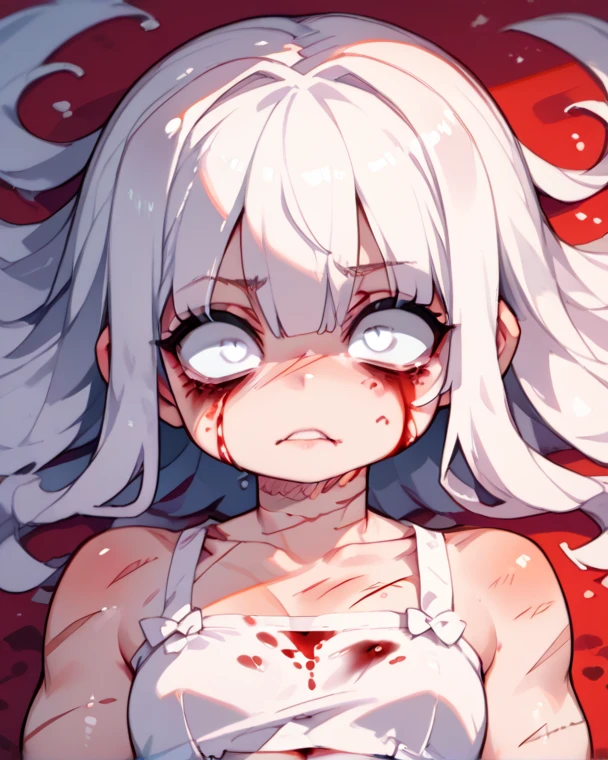 *a , on a black background, slightly dirty white clothes, looks at the viewer, yellow slightly long hair, blood on her face, one eye is injured, a sad and gloomy expression on her face, holds a white rabbit toy in her hand*