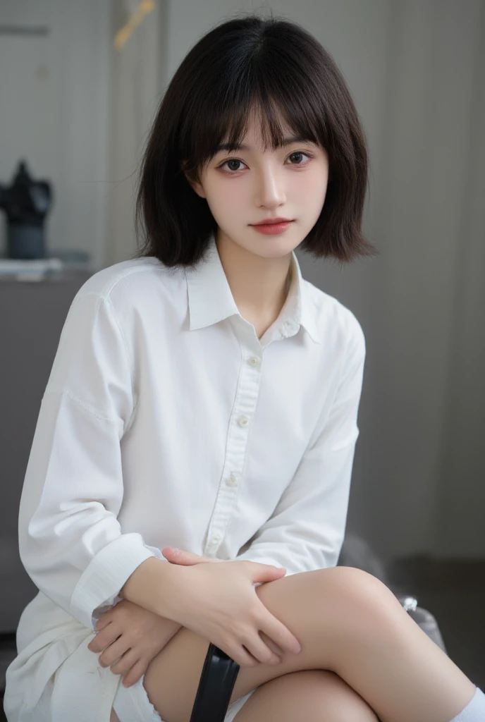 (close-up portrait:1.2), androgynous high school girl, short messy hair, soft features, gentle eyes, subtle sadness, wistful expression, school uniform, soft lighting, evening glow, depth of field, emotional, bittersweet, high quality, detailed, realistic

