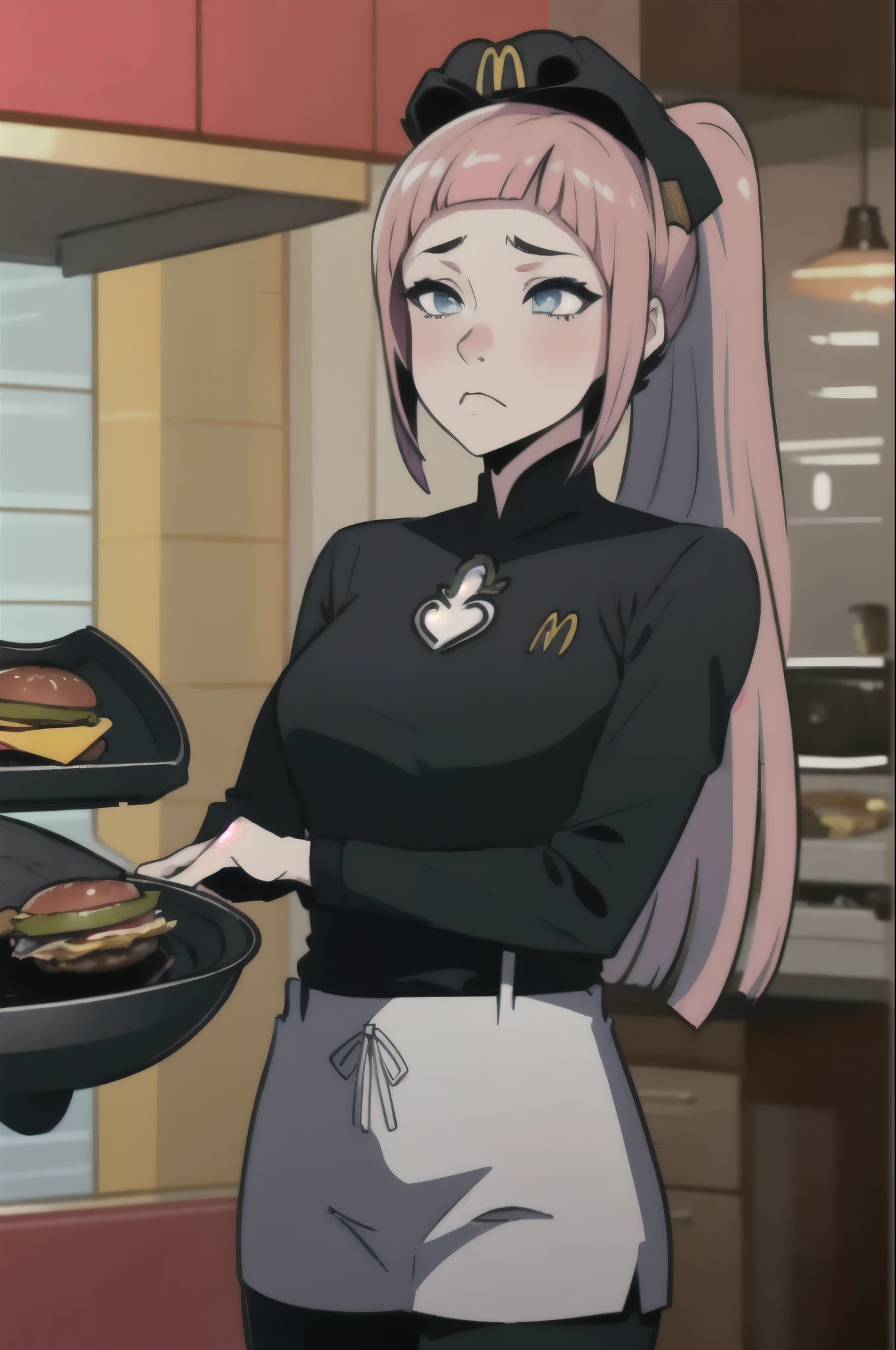 Highly detailed, High Quality, Masterpiece, beautiful, 1girl, solo, feliciarnd, McDonaldsUniform, shirt, black shirt, uniform, black pants, pants, cap, pink hair, serving, burger, kitchen, annoyed, pan, holding, holding pan