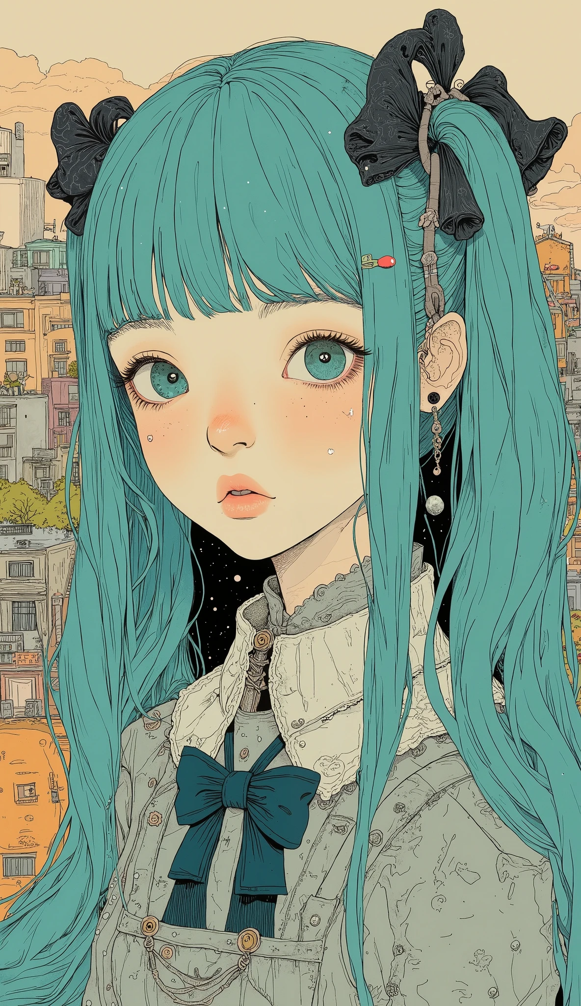 Anime girl with blue hair and bow tie in front of a city - SeaArt AI