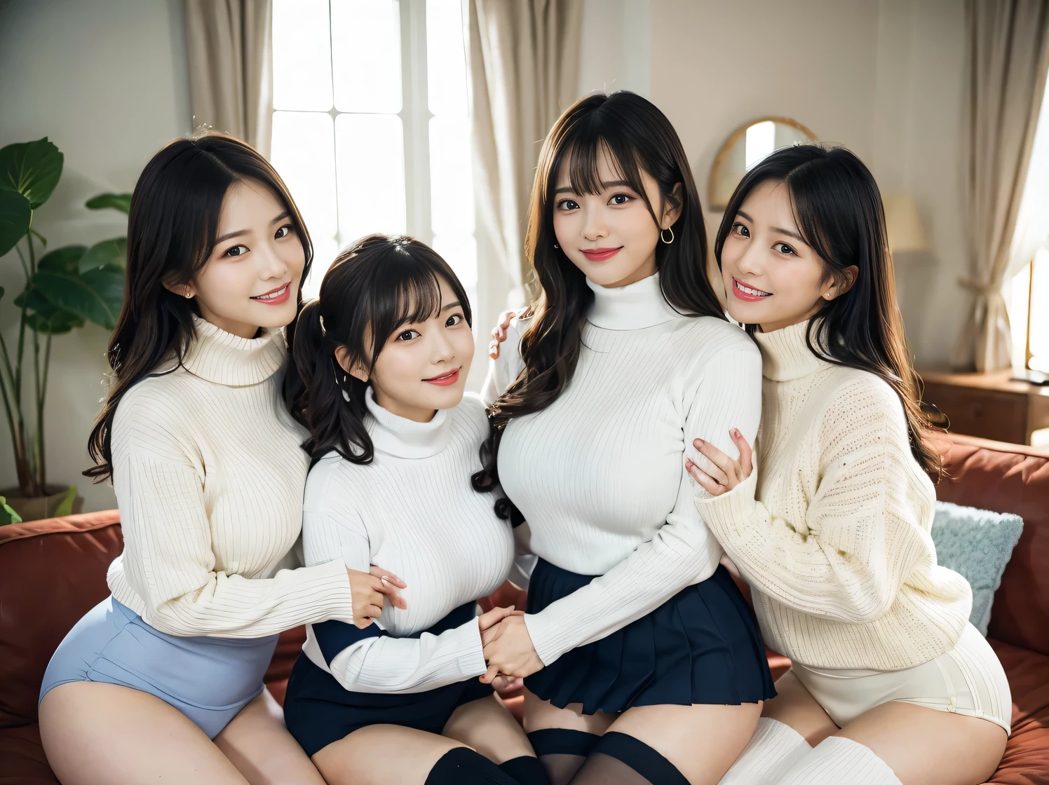Group of beautiful chinese women, wearing ((silk puffer coats, fur hoods), silk bras), ((touching each other's coats and bras)), smiling, seductive, large breasts, silk panties, hugging