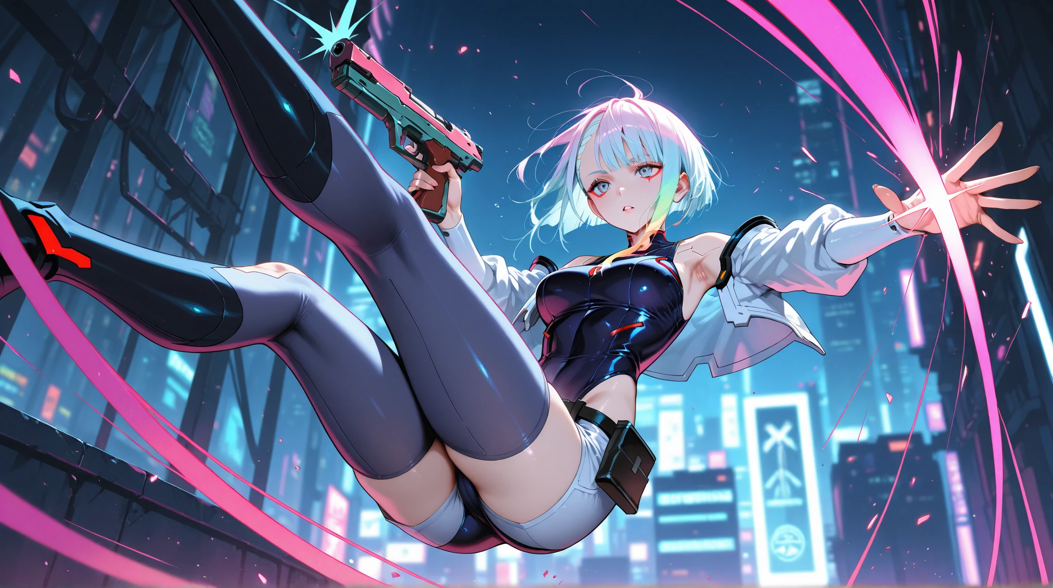 A ,neon hair,(Double tail),heterochromatic pupils,White tights,(Robotic arm),Floating state,naughty expression,Digital background,Avatars,AI,High quality 4K,detailed details,white silk
