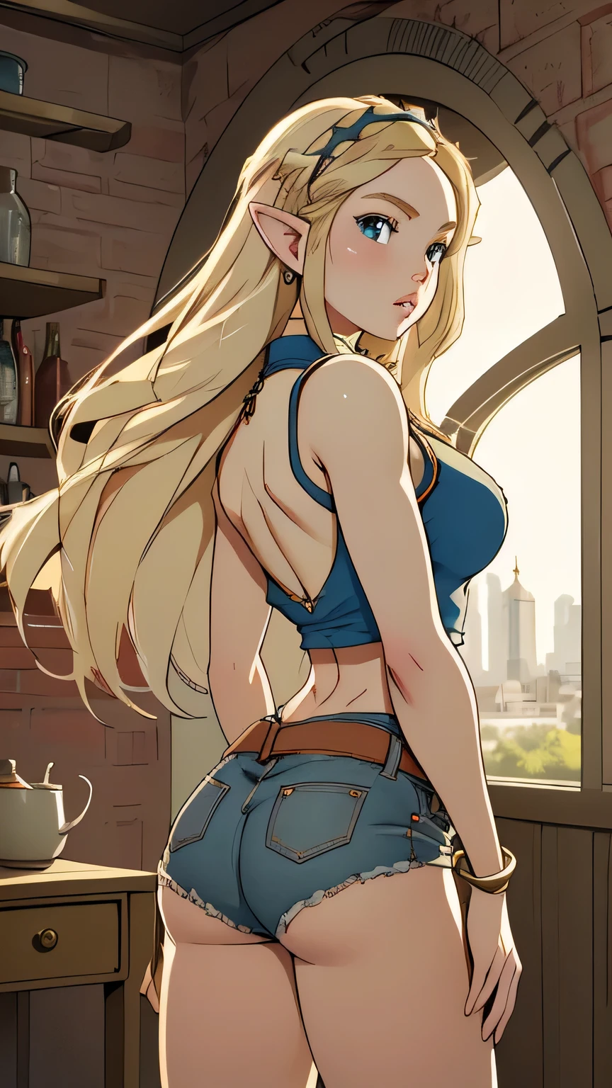1girl in, 21, princess Zelda, photo of perfect woman, portrait, looking straight at camera, 5'3", Solo, Aesthetic artwork, (blond, straight blonde hair, waist length blond hair:1.25), (clear skin, pale skin, small breasts, B-cup, runners body, very thin waist, skinny, petite, detailed skin texture, (Masterpiece), (shot from behind, up skirt, shocked expression, wide eyes, parted lips, focus on ass:1.2), ((Arch back, wearing red polka dot half shirt and cut-off daisy duke jean shorts that are unbuttoned, no underwear)) (high detailed city environment, apartment reaching high for a top shelf, her arms above head), (extremely detailed 8k wallpaper), outdoor lighting, high quality, film grain, Fujifilm XT3 sharp focus, f 5.6, 50mm, High Detail, Sharp focus, (natural light), crazy details, complex details, hyper detailed