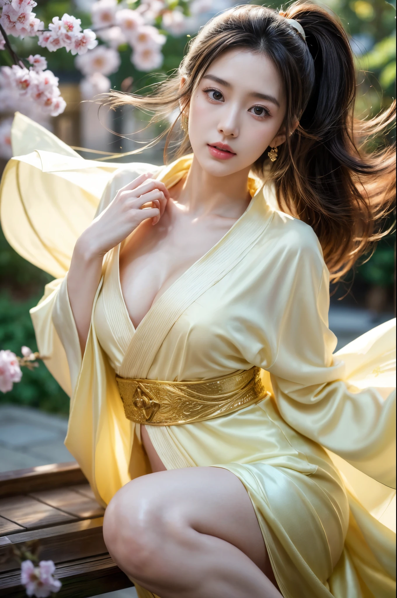 Araffe asian woman in a yellow dress sitting on a bench - SeaArt AI