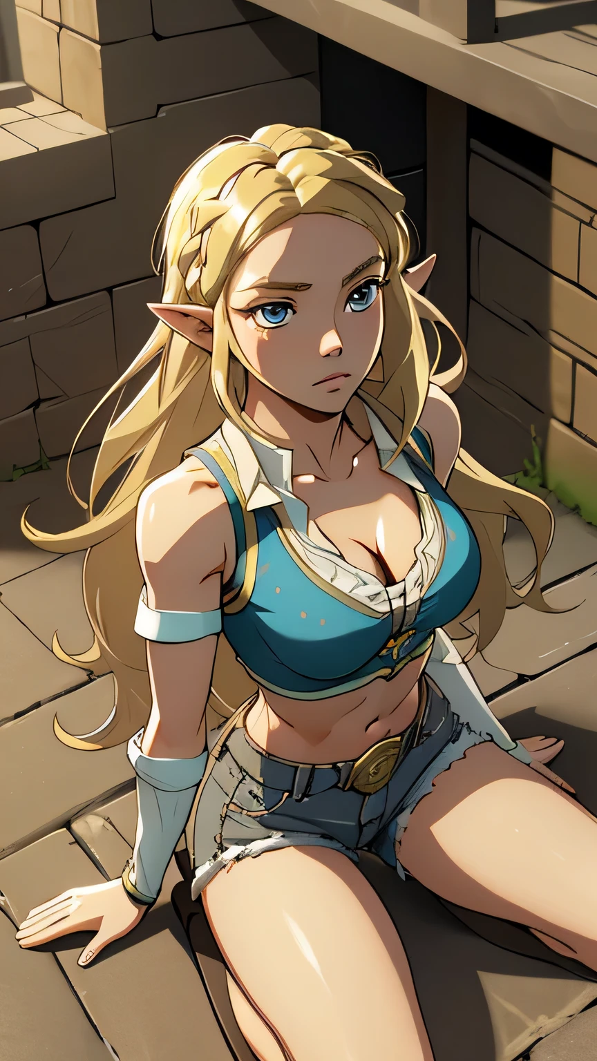 1girl in, age21, princess Zelda, photo of perfect woman, portrait, looking straight at camera, 5'3", Solo, Aesthetic artwork, (blond, straight blonde hair, waist length blond hair:1.25), (clear skin, pale skin, small breasts, B-cup, runners body, very thin waist, skinny, petite, detailed skin texture, (Masterpiece), (kneeling down before master, splits kneeling, legs apart), looking up at pov, sad expression, pleading, overhead perspective), (cleavage, focus on breasts:1.2), ((Arch back, wearing red polka dot half shirt and cut-off daisy duke jean shorts that are unbuttoned, no underwear)) (high detailed city environment, apartment reaching high for a top shelf, her arms above head), (extremely detailed 8k wallpaper), outdoor lighting, high quality, film grain, Fujifilm XT3 sharp focus, f 5.6, 50mm, High Detail, Sharp focus, (natural light), crazy details, complex details, hyper detailed