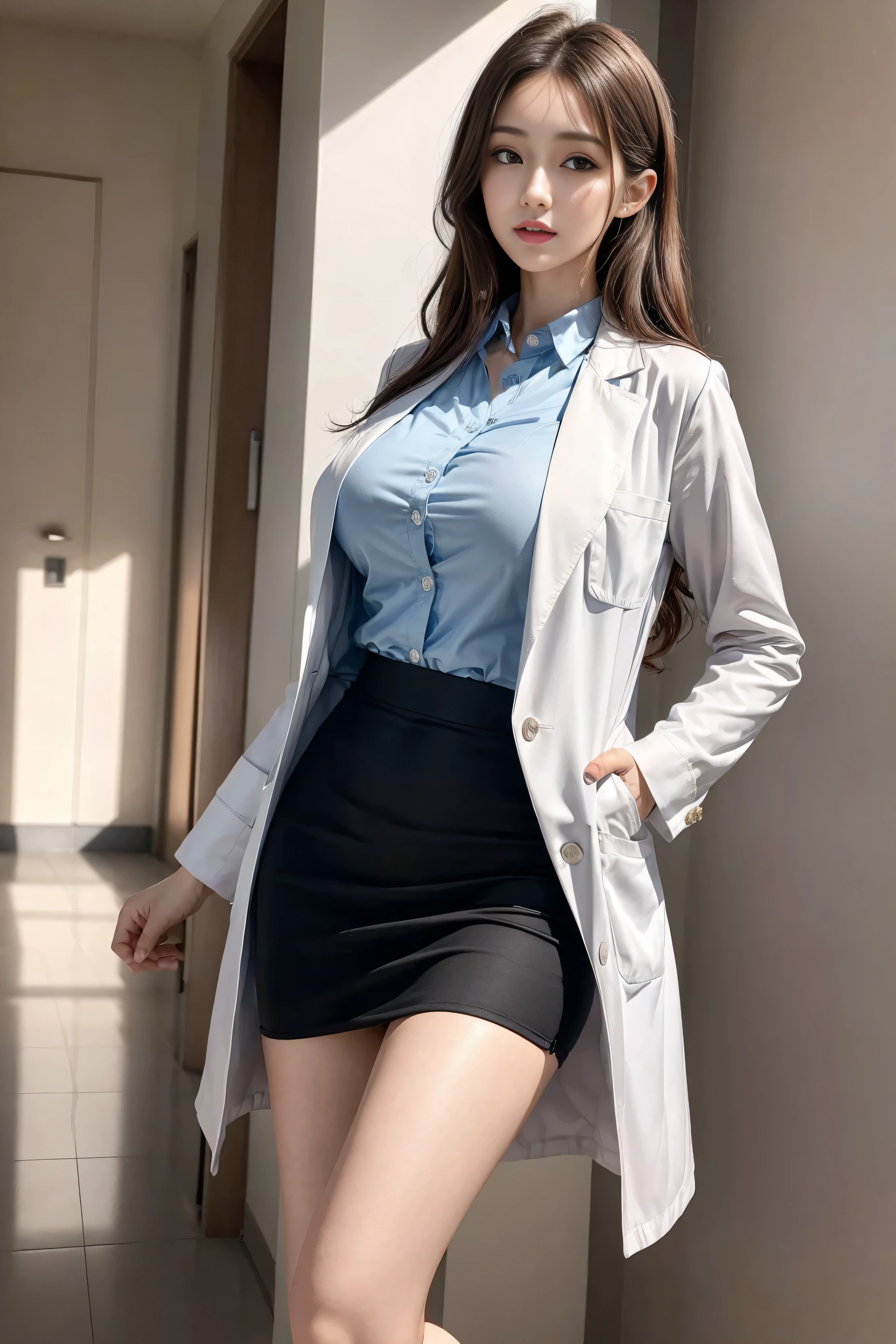 (Masterpiece, best quality, alone, รายละเอียดที่complicated, Chromatic aberration), realistic, ((Moderate breath)), hair in one eye,purple eyes, earring, sharp eyes, SEAART Engraved Gold Choker , gemstone pendant, Diamond necklace,(symmetrical eyes),(Perfect symmetrical body),Photo of a beautiful 24 year old girl, Beautiful and charming with contemporary fashion paintings as well....., looking at the audience, ((in the classroom background)), (1 Teen Girl),(black short skirt), (white short sleeve, Form fitting shirt., Unbuttoning the buttons, Revealing a little breast,(Worn with a blue short-sleeved lab coat.)), ((A short black pencil skirt with a deep slit on the side...)), sugar belt, ((Put your hands down.)),Copper blonde hair, Bob, round chin, Art lens 85mm, Sharp focus, High resolution 8K, Crazy details, complicated, elegant,sitting on the study table Lift one leg to eye level.., legs slightly apart., dynamic gesture, ((Dress in sharp clothing., ((Worn with a blue short-sleeved lab coat.))))