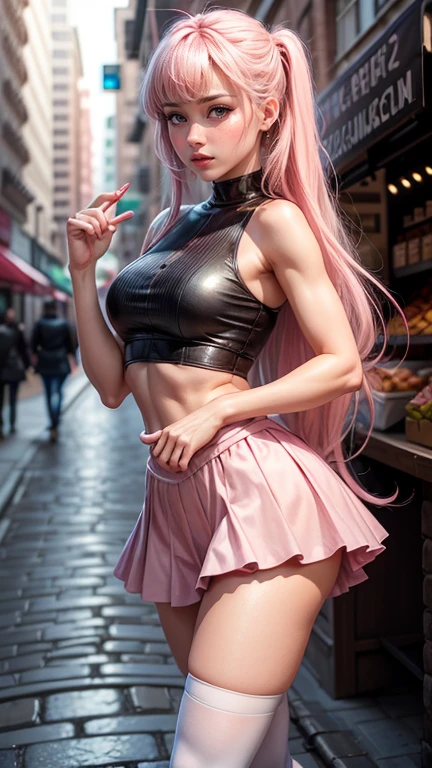 (Cute woman: 1.5), gothic girl, full body, (((small woman))), (((short stature))), (colored skin), (dark green skin), huge pointed ears, long hair and messy, low twin tails, puppy bows, pastel purple hair, big round eyes, heterochromia, bushy eyebrows, big realistic round nose, freckled nose (shiny fur), makeup, cat eyeliner, dark smoky eyeshadow , bright natural lips, spaghetti strap camisole top, off-the-shoulder lace-up hoodie, gothic plaid pleated skirt, ripped thigh-high stockings, Doc Martens platform, (((big chest))), (((slim waist) ))), perfect hips, apple butt, (masterpiece), (((best quality 8k,16k))) vibrant colors, (specular lighting), (dynamic shadows), bored expression, raised eyebrow, hands on hips , city street during daytime, elf girl, (((detailed uktra skin))), UHD, (focused), ((sharp)),