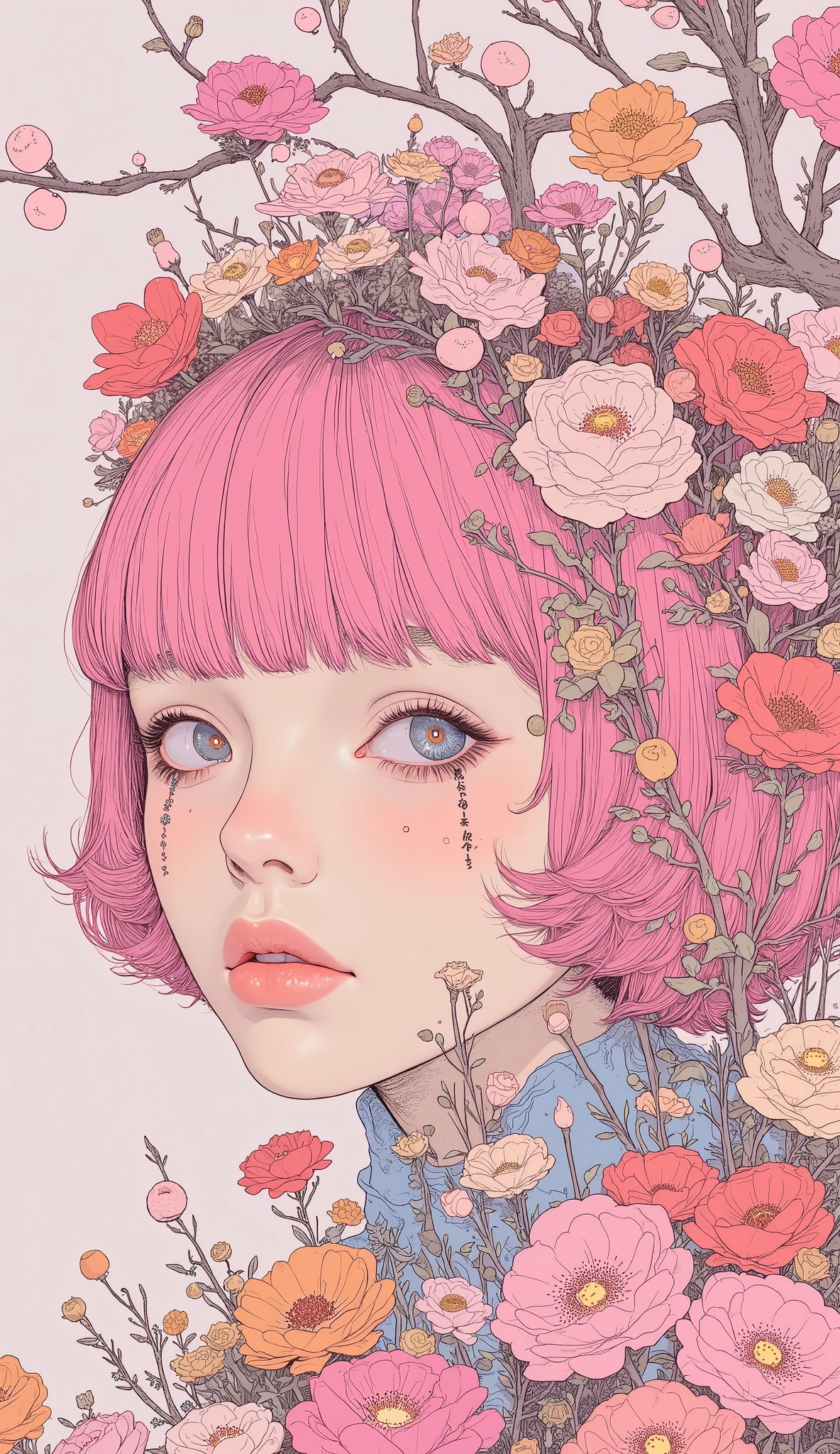 solo、Close-up of face、 face with collar、front、Look away、 short hair、 bangs with lots of flowers 、 pink hair、 beautiful girl 、Dark Cheeks 、Thick lower lip、 Clear White Skin、Shining Eyes、Detailed illustrations、Introvert、Lonely、開いた口、 top quality、8k、 best image quality、 shot with wide angle lens、 Depth of Subject 、pale colored botanical background