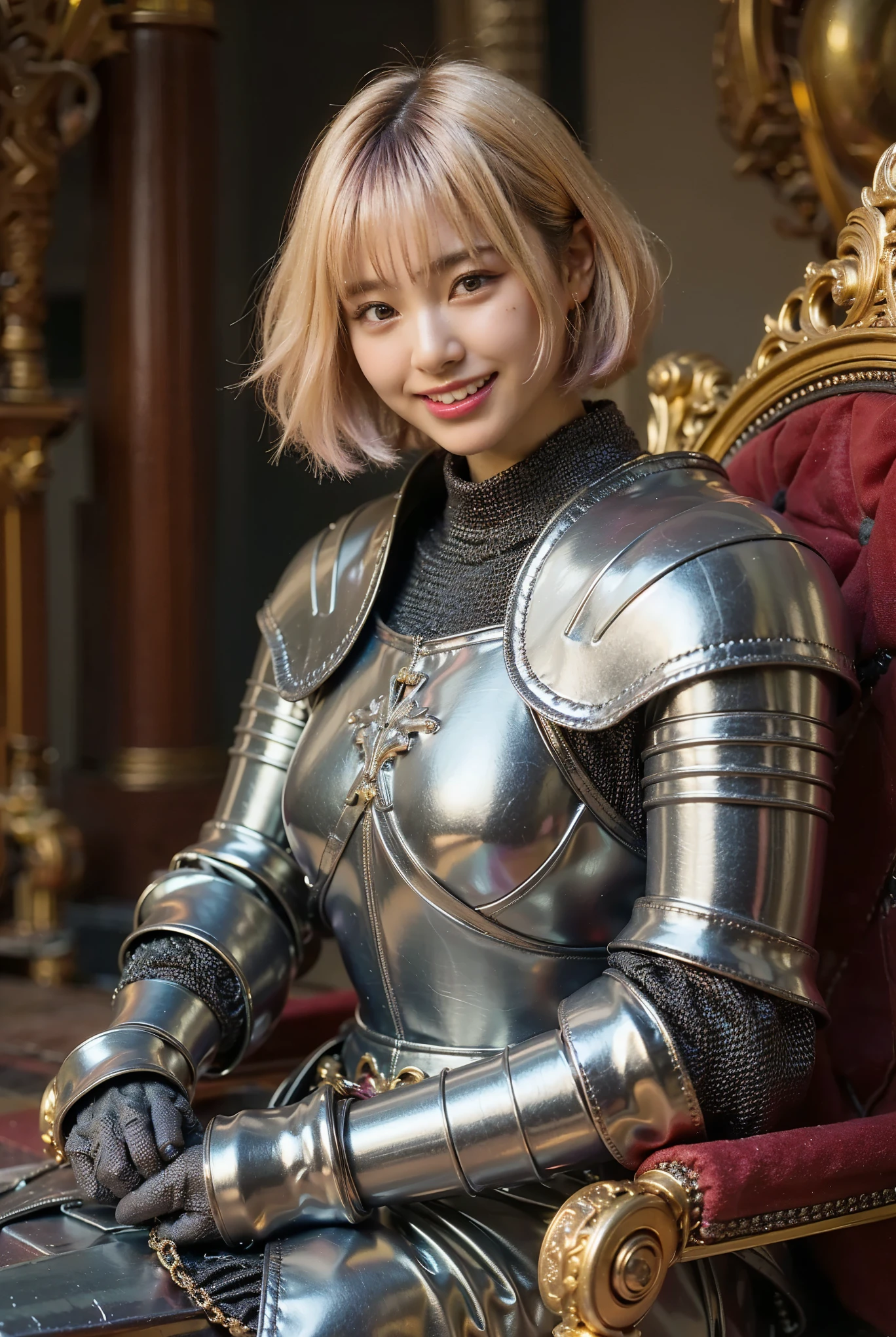 (Completely live action:1.37), (Amazingly realistic textures:1.37), (masterpiece, best quality:1.2), (8k uhd, 16k, 32k, ultra high res), amazingly realistic skin, amazingly realistic photo, superrealism, (photorealistic:1.37), (RAW photo), ultimately realistic, (ultimately realistic all details), (ultimately realistic all textures), super realistic lighting, super realistic shadow, (japanese girl:1.5), ((young face)), smiling, happy, super realistic face, ultimately realistic skin, ultimately realistic eyes, (mascara:1.35)ultimately realistic background, ultimately realistic detail up, kkw-ph1, ((drooping eyes, cyberpunk-style cyborg girl, amazingly intricate details, Anatomically perfect hands, mechanical body, Acrylic coated body, blue metallic color, ultra glossy texture, purple hair))