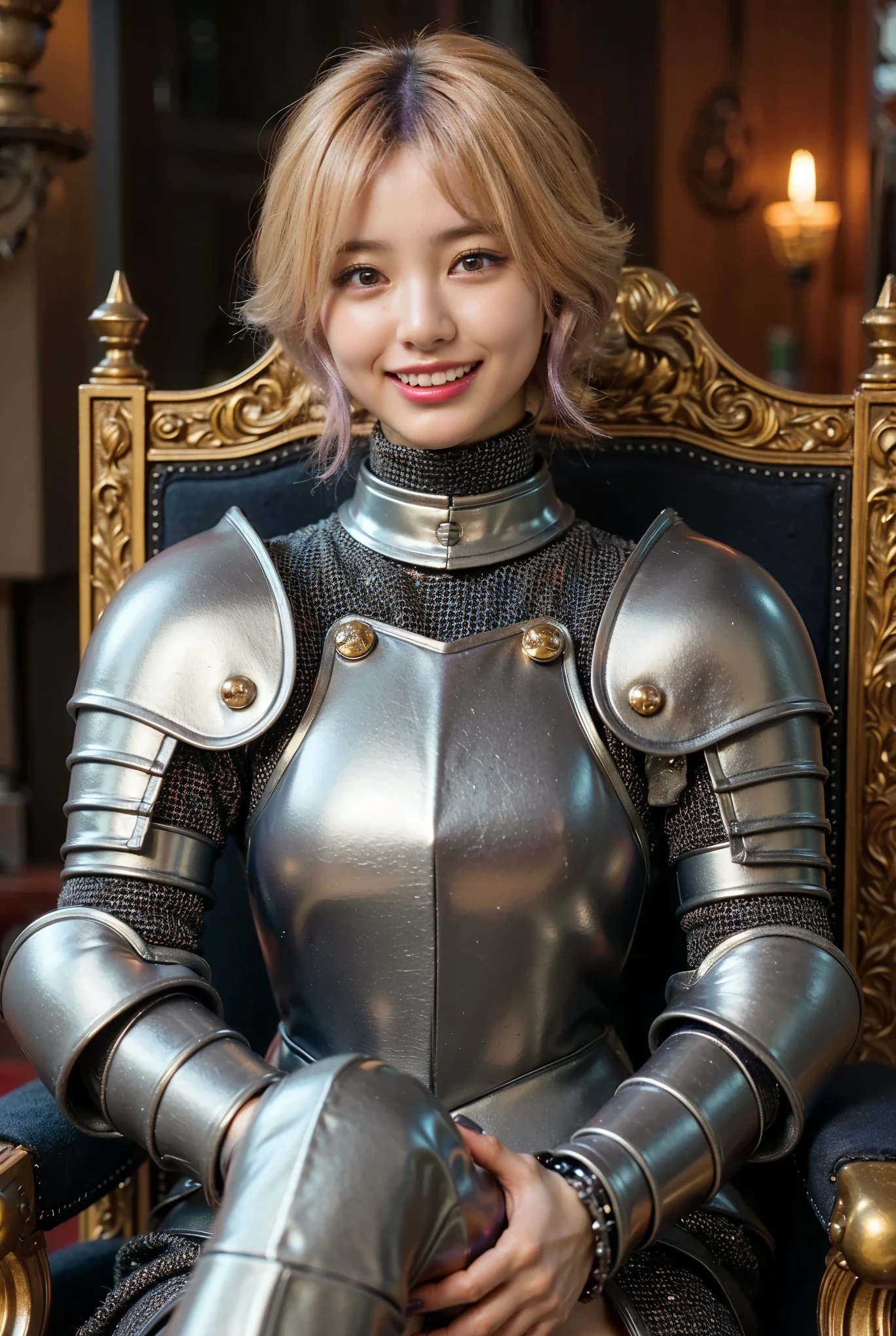 (Completely live action:1.37), (Amazingly realistic textures:1.37), (masterpiece, best quality:1.2), (8k uhd, 16k, 32k, ultra high res), amazingly realistic skin, amazingly realistic photo, superrealism, (photorealistic:1.37), (RAW photo), ultimately realistic, (ultimately realistic all details), (ultimately realistic all textures), super realistic lighting, super realistic shadow, (japanese girl:1.5), ((young face)), smiling, happy, super realistic face, ultimately realistic skin, ultimately realistic eyes, (mascara:1.35)ultimately realistic background, ultimately realistic detail up, kkw-ph1, ((drooping eyes, cyberpunk-style cyborg girl, amazingly intricate details, Anatomically perfect hands, mechanical body, Acrylic coated body, blue metallic color, ultra glossy texture, purple hair))
