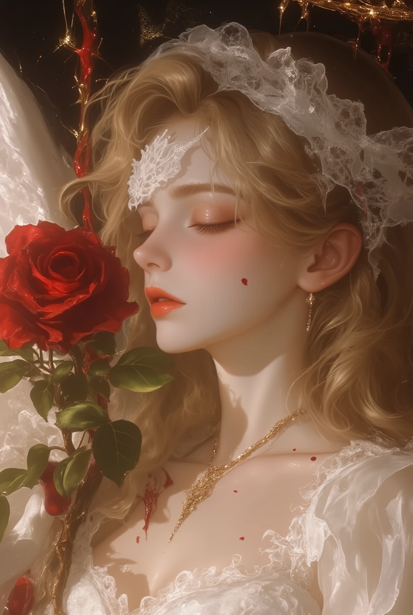 Best quality,masterpiece,ultra high res,beautiful, extremely detailed face, perfect lighting, perfect face, 16k, beautiful women, 1 garota , 16k, Best quality,masterpiece,ultra high res,beautiful, extremely detailed face, 16k, An angel holding a bloody rose, behind her, a thorny branch. The angel wears a white dress full of delicate white lace details, the dress has small blood stains, a golden halo on top of the head, a transparent white lace blindfold. The angel has an ethereal and delicate beauty, with long wavy golden hair, closed eyes, slightly pink cheeks and full, slightly pink lips.