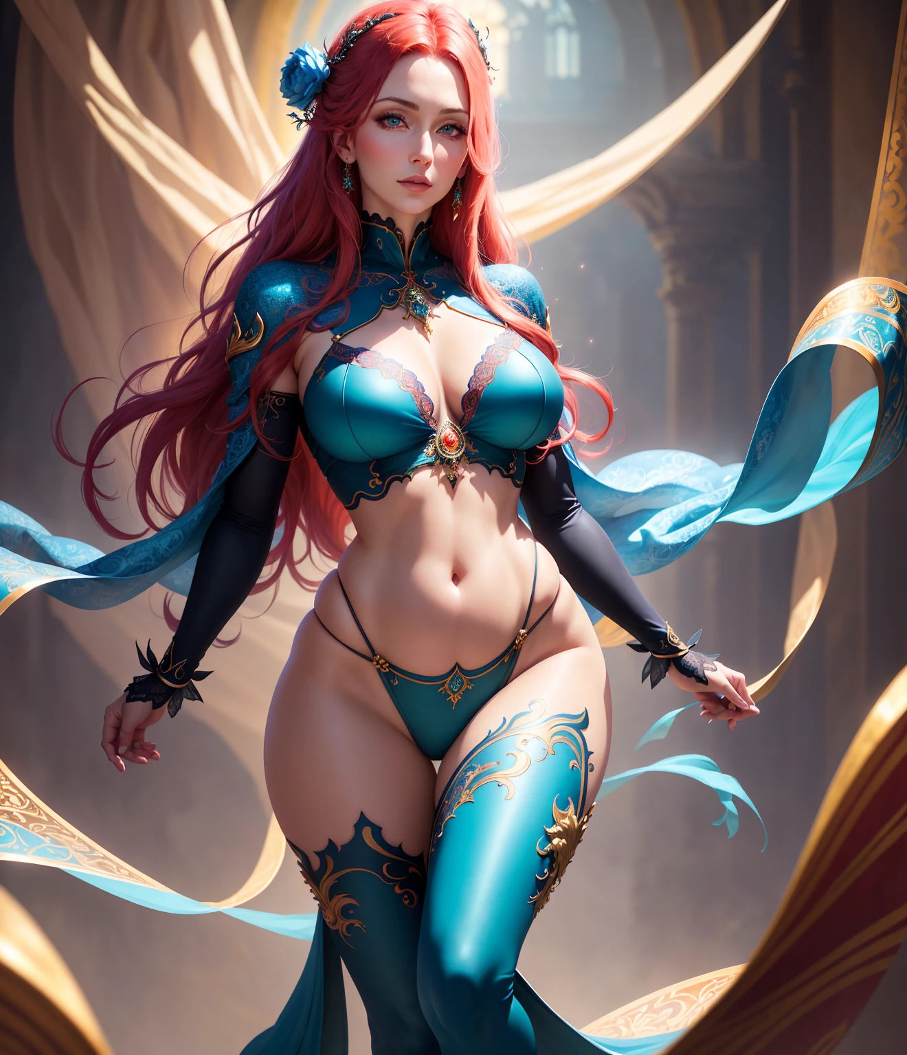 Illustration art, painting art, Whole body movement, Sexy woman in sexy clothes, Soprano Woman, Very cool facial expression, Gorgeous background, Great erotic art, painting art, Sexy art, Detailed body part details, frontage, Lateral face, on back, Inspired by J.c.Ryan Decker, Epic European and American illustrations, Tall, The whole body is evenly sexy