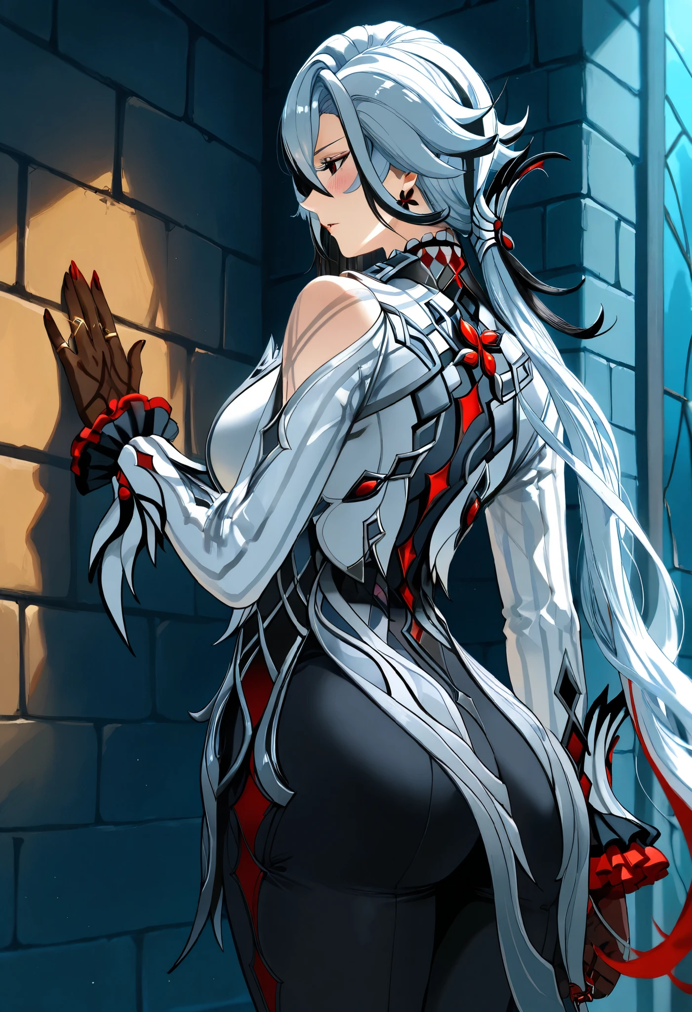 ( hews art style :0.7), score_9, score_8_arriba, score_7_arriba, score_6_arriba, uncensored , Arlecchino de genshin impact, Long hair, Very long hair, silver hair, multicolored hair , hair falls on shoulders, black eyes, x-shaped parribail, BREAK ( masterpiece:1.2), best quality, alta resolución, ( beautiful detailed eyes :1.3), perfect lighting , ( perfect hands, perfect anatomy), 1 girl, breasts, Alone, hands(black), arms(degrading to black), tattooed hands , tattooed arms, Gloves, Bermuda, looking at the viewer, Sideboob, brick wall, brown Gloves, manicure red, gold rings, standing, white jacket, tight pants , black pants, Single glove, belt, thighs, blush, dynamic pose, bare shoulders, tilted forward, t-shirt, sleeveless , opened her lips.