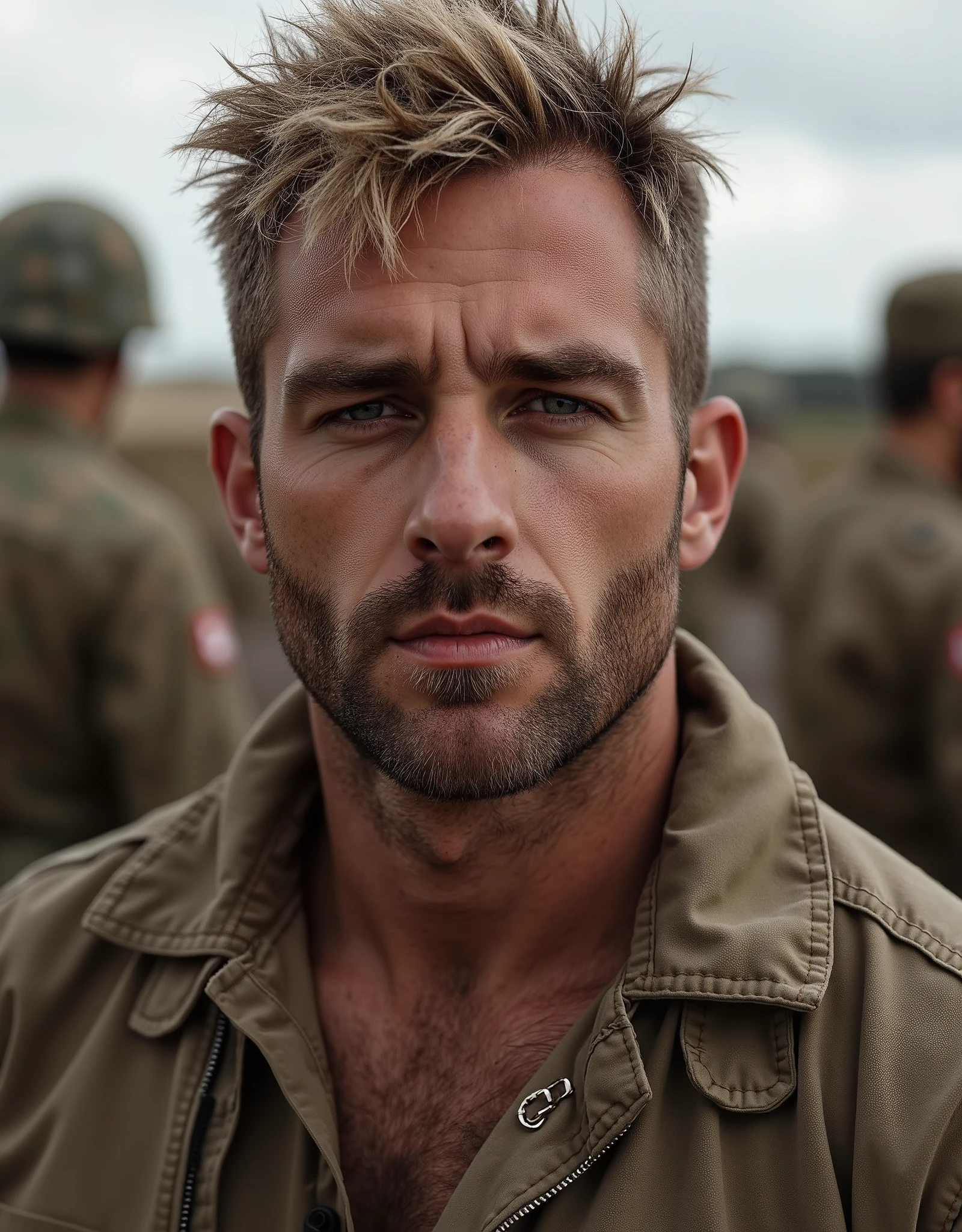 masterpiece, best quality, high resolution, closeup portrait, male focus, solo focus, A man, 35 years old, with military clothes, soldier, blonde bleached hair, messy hairstyle, cute and seductive face, bare chest, body hair, facial hair, roman nose, very pretty body, hairy legs, dimples, goatee and mustache, bold jawline , in the background a millitary camp and other soldiers,  amazing composition, front view, HDR, ultra quality, elegant, highly detailed
