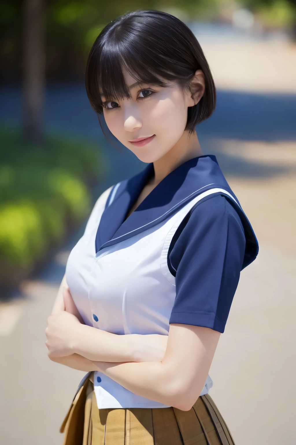(masterpiece,Highest quality,High resolution,Realistic,photograph:1.2),(One high school girl:1.2), (((Short-sleeved sailor uniform), Navy blue pleated skirt)),(Smiling with teeth showing and eyes narrowed:1.3),(Bobcut,Brown Hair,Natural Makeup, Eyelash extensions, Make your eyelashes thinner and longer:1.3),(Cowboy Shot:1.3),(16 year old Japanese girl:1.2),(Clothes that look good:1.2),(School corridor:1.3), (View the subject from below:1.2), (Super huge breasts:1.5),(Vaginal exposure:1.3), (Hands behind head, Spread your legs, Squatting and tiptoe:1.3)