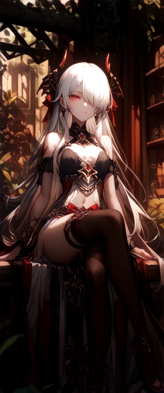 a woman with elements of sanguah from wuntherin wave and esdeath from akagame ga kill, with an outfit that mixes Persian elements, Victorian , Greek and some characteristic elements of the character, dancing in the forest in the middle of a full moon night, silver hair with crimson tips, amber eyes,