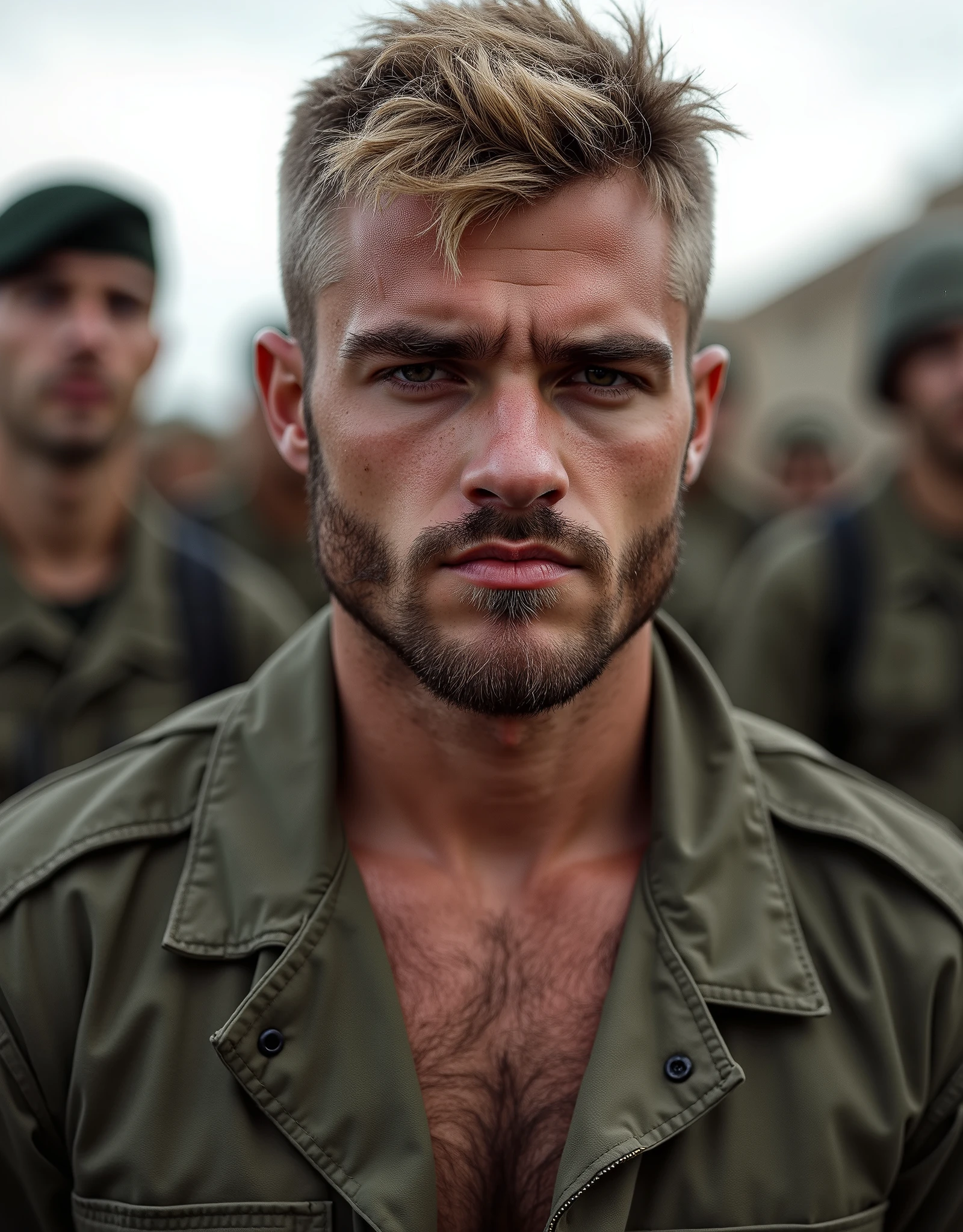 masterpiece, best quality, high resolution, closeup portrait, male focus, solo focus, A man, 25 years old, with military clothes, soldier, blonde bleached hair, messy hairstyle, cute and seductive face, bare chest, body hair, facial hair, roman nose, very pretty body, hairy legs, dimples, goatee and mustache, bold jawline , in the background a millitary camp and other soldiers,  amazing composition, front view, HDR, ultra quality, elegant, highly detailed