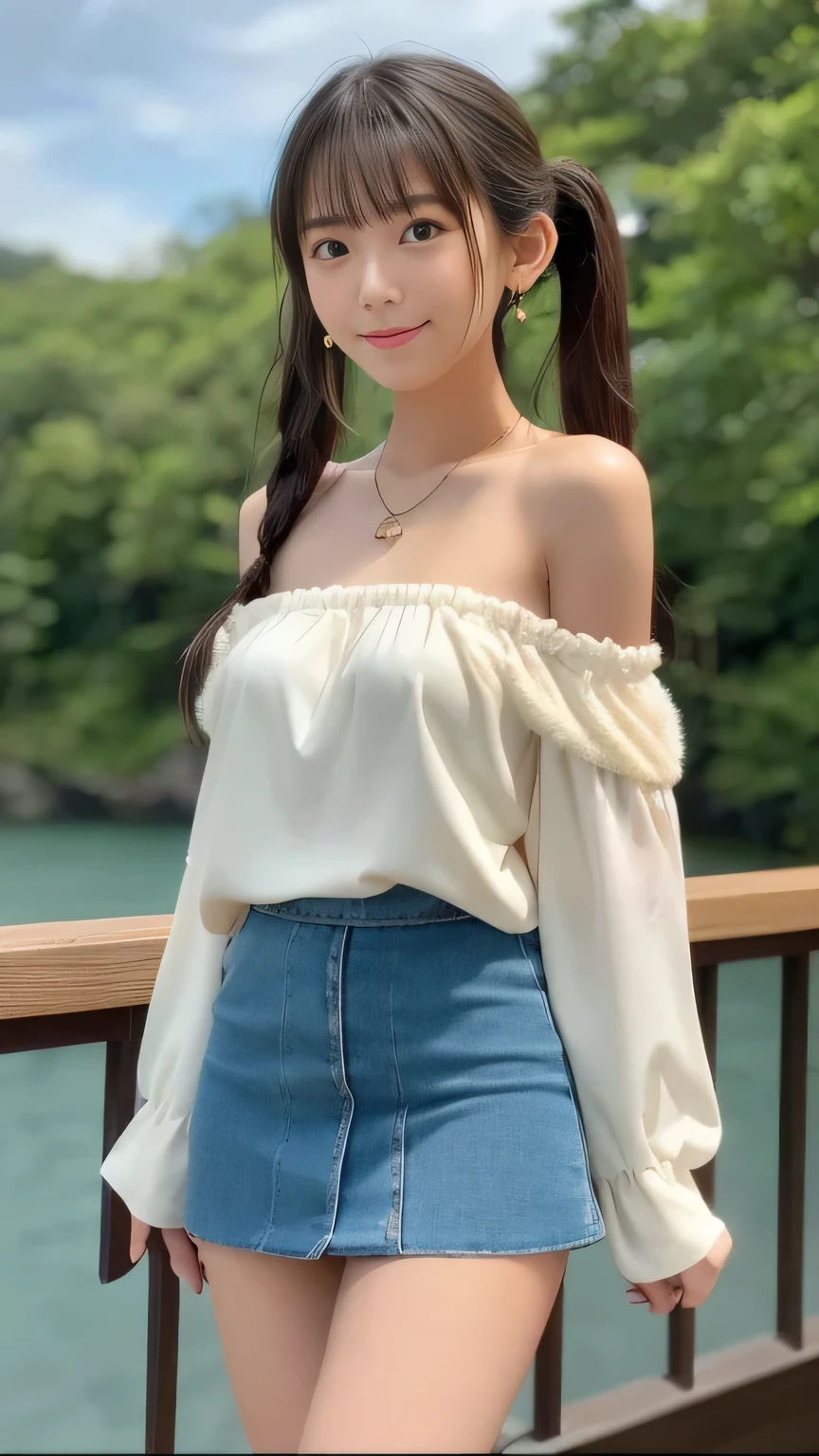 tan:1.5、Gal clothes、( top quality, 8k, masterpiece, RAW photos in the loop : 1.3), of a beautiful Japanese woman , girl、 toned body、 ( ear piercing、 necklace、 Twin tailsヘア), earrings, Thin Bracelet, whole body, very detailed face and skin tone 、(Delicate beautiful eyes) beautiful eyes, , beautiful posture、 Big Breast Bulge、I always wear 、 flashy accessories 、 open chest 、 colorful hair 、 must wear a mini skirt 、A mini skirt with fur 、natural beauty 、 mini dress 、 one girl、(smile:0.8)、A landscape with a waterfall、natural beauty 、 beautiful detailed eyes 、 Face of Pure Loss 、 、 Twin Tails、loose and fluffy summer clothes fashion